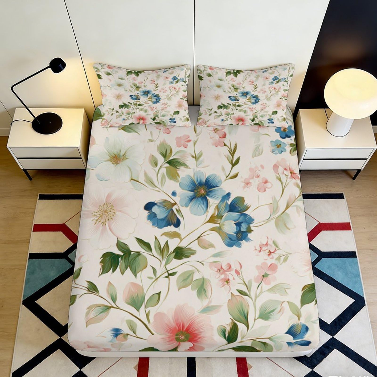 3D Printed Floral Blossom Fitted Sheet Microfiber Soft Anti-Slip Pastel Botanical Mattress Cover Bedroom Decor 120x200cm 140x200x25cm