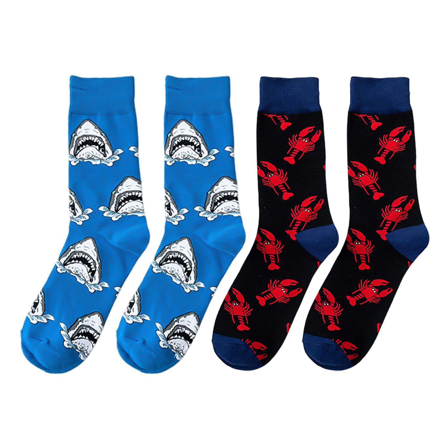 YSDYY 1 Pair Of Shark Print Socks And 1 Pair Of Lobster Print Socks, Fun Socks, Creative Socks, Mid-Calf Socks, Gift Socks
