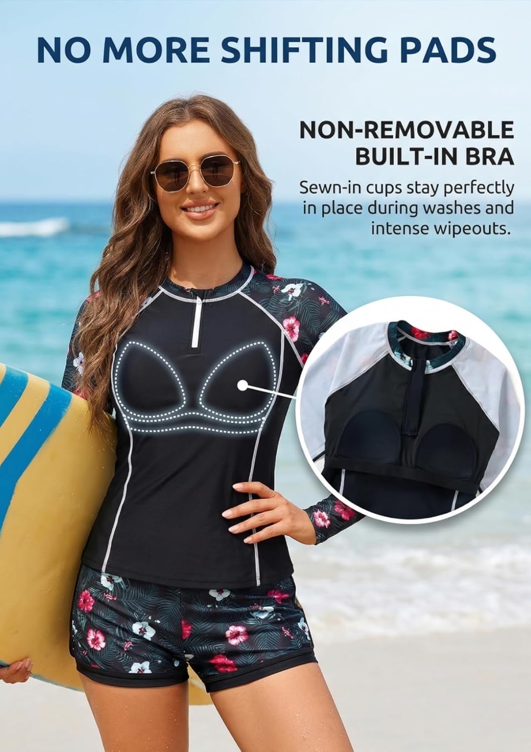 Long Sleeve Rash Guard for Women - 2 Piece Swimsuit with Shorts Zip Up Swim Shirt with Built-in Bra