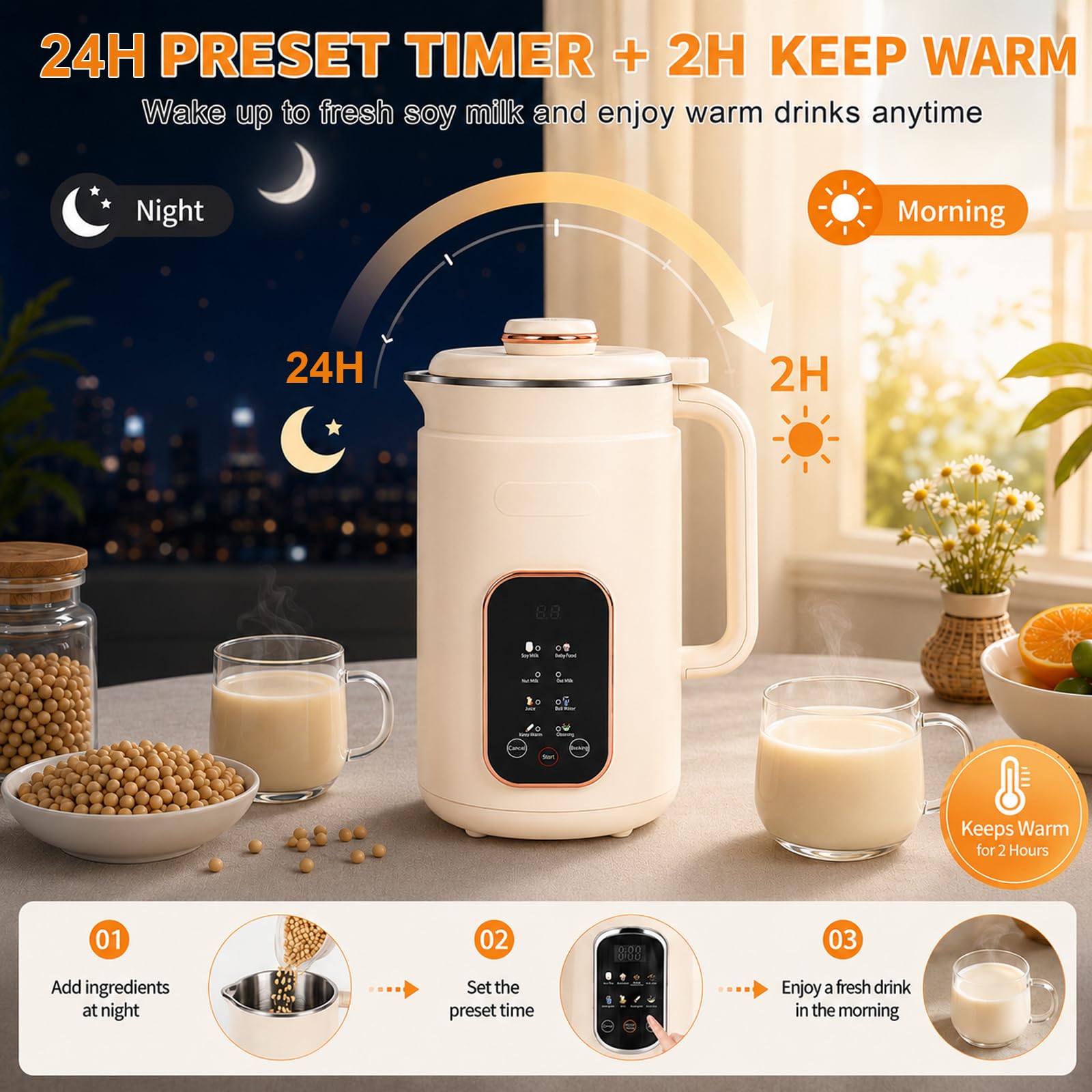 Maszyna do mleka orzechowego 1200 ml, urządzenie do przygotowania mleka roślinnego z 8 programami | stal nierdzewna 304, 12 ostrzy, timer 24 h, utrzymywanie ciepła, samoczyszczenie, cicha praca, panel dotykowy