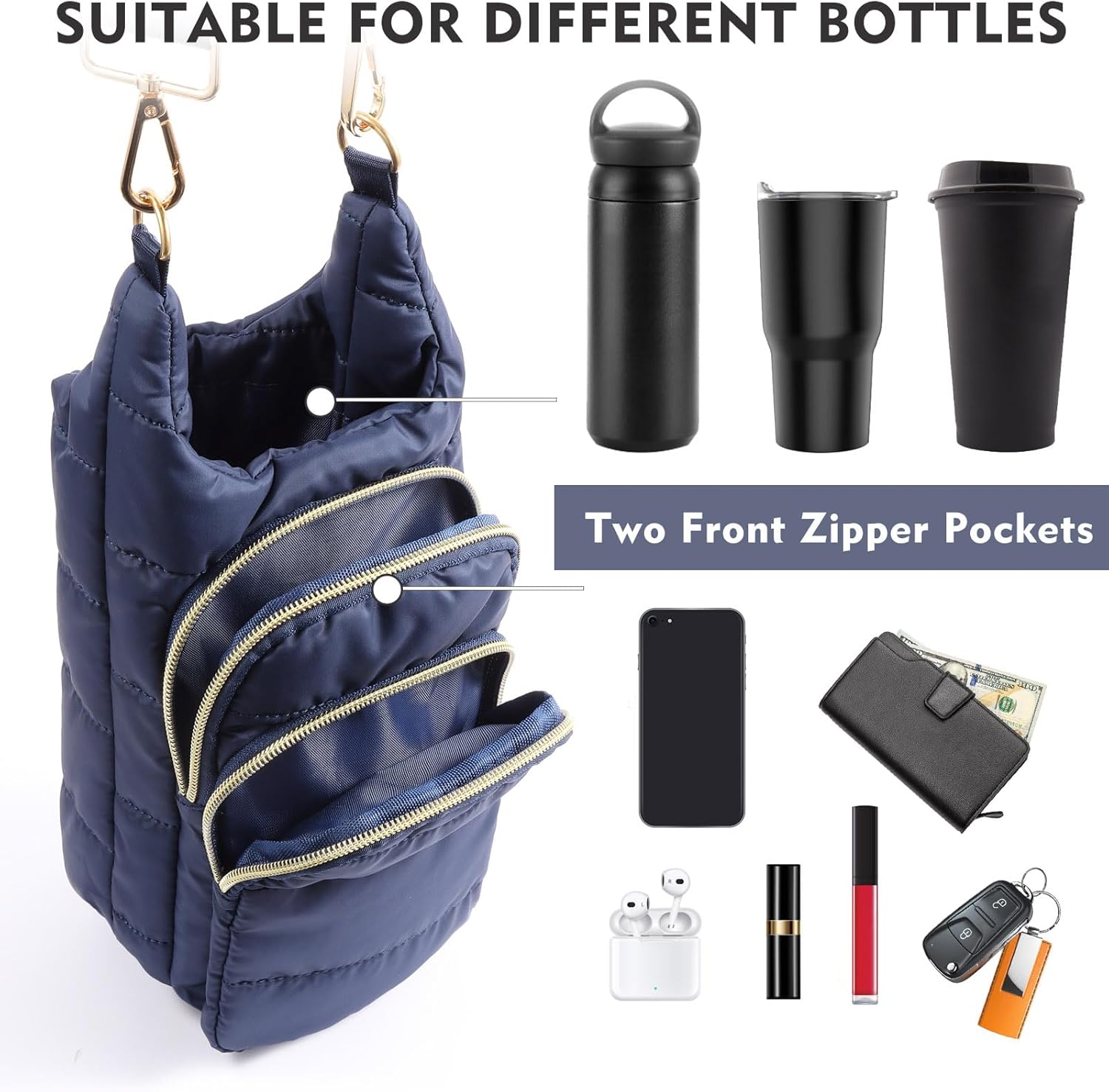 Water Bottle Holder with Strap Water Bottle Carrier Bag Quilted Puffer Hydrobag Sling Purse Crossbody Bags for Women - Image 4