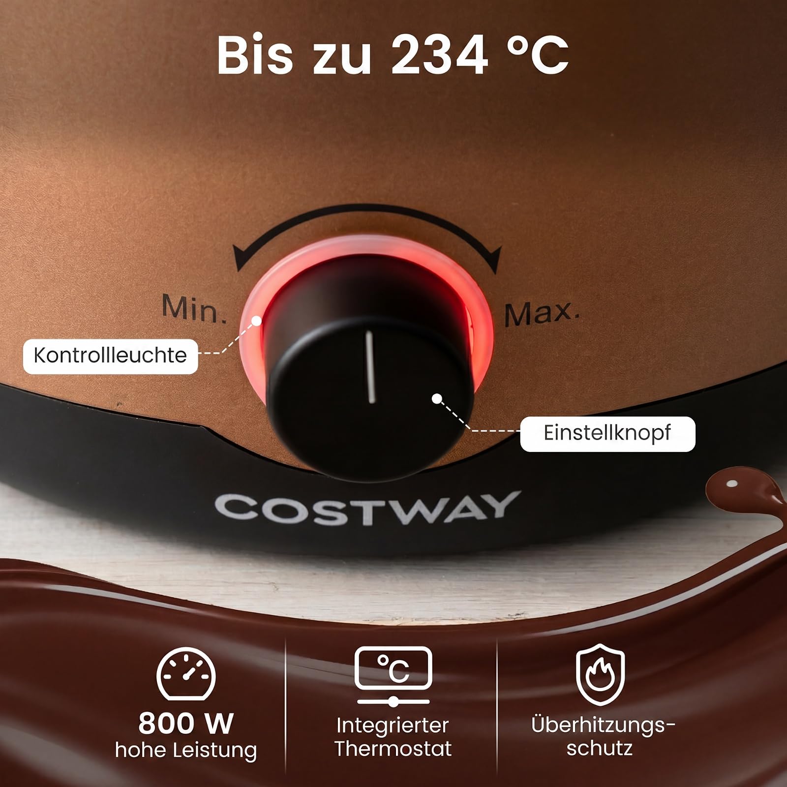 COSTWAY Elektryczny zestaw do fondue, 2 l, 800 W, ze stali nierdzewnej, czekoladowe fondue z 6 widelcami do fondue i ochroną przed pryskaniem, nadaje się do mycia w zmywarce, przenośne fondue serowe z