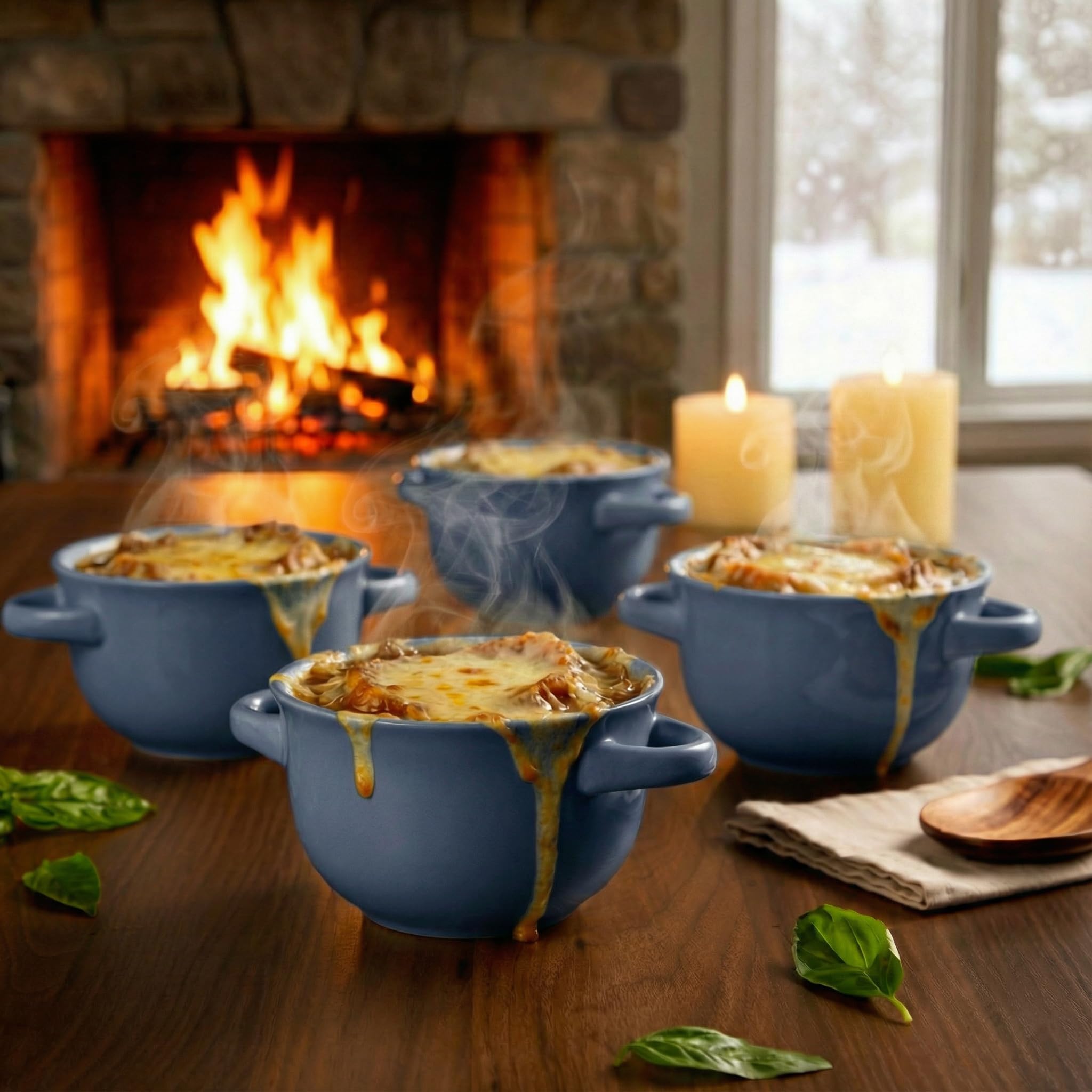 KooK Französische Zwiebel-Suppenschüsseln, Töpfe, ofenfeste Schüsseln, Suppentassen, Keramikschalen, Geschirrspüler, Mikrowelle, 4 Stück, 510 ml (Denim)