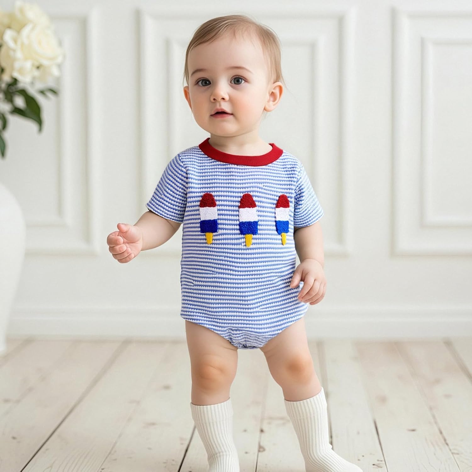 VISGOGO Unisex Baby Boy Girl Striped Romper Waffle Short Sleeve Bubble Oversized Romper Bodysuit Summer Onesie Clothes - Image 8