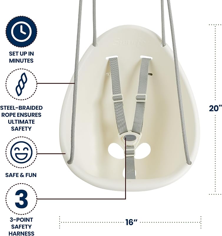 Swurfer Coconut Toddler Swing Comfy Baby Outdoor, 3- Point Adjustable Safety Harness, Secure, Safe Quick Locking System, Blister-Free Rope, Easy Installation, Ages 9 Months and Up, Ivo, White image 5