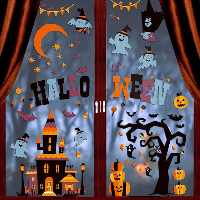 FINGOOO Halloween Window Sticker, 150pc Bats Ghost Window Decal for Halloween Party Decoration