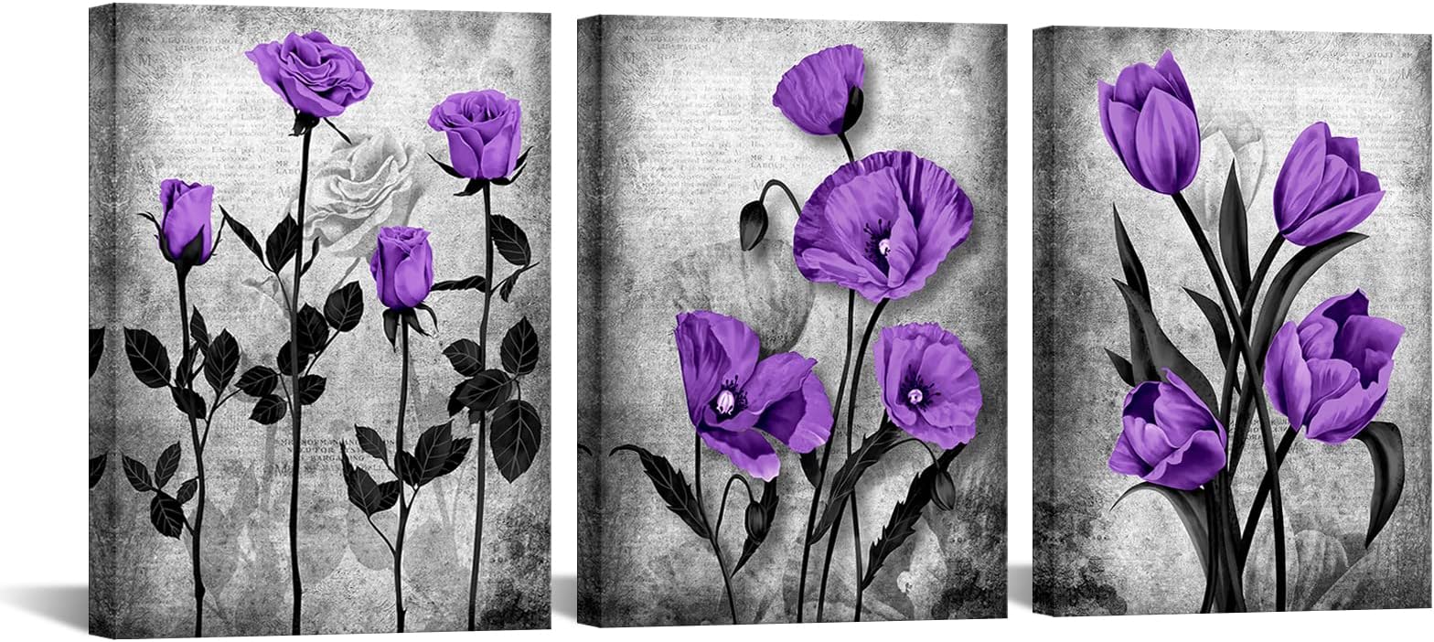 DuoBaorom Purple Grey Rose Botanical Painting Poppy Wall Art Tulip Floral Canvas Print Bedroom Decor Flower Set of 3 Panel