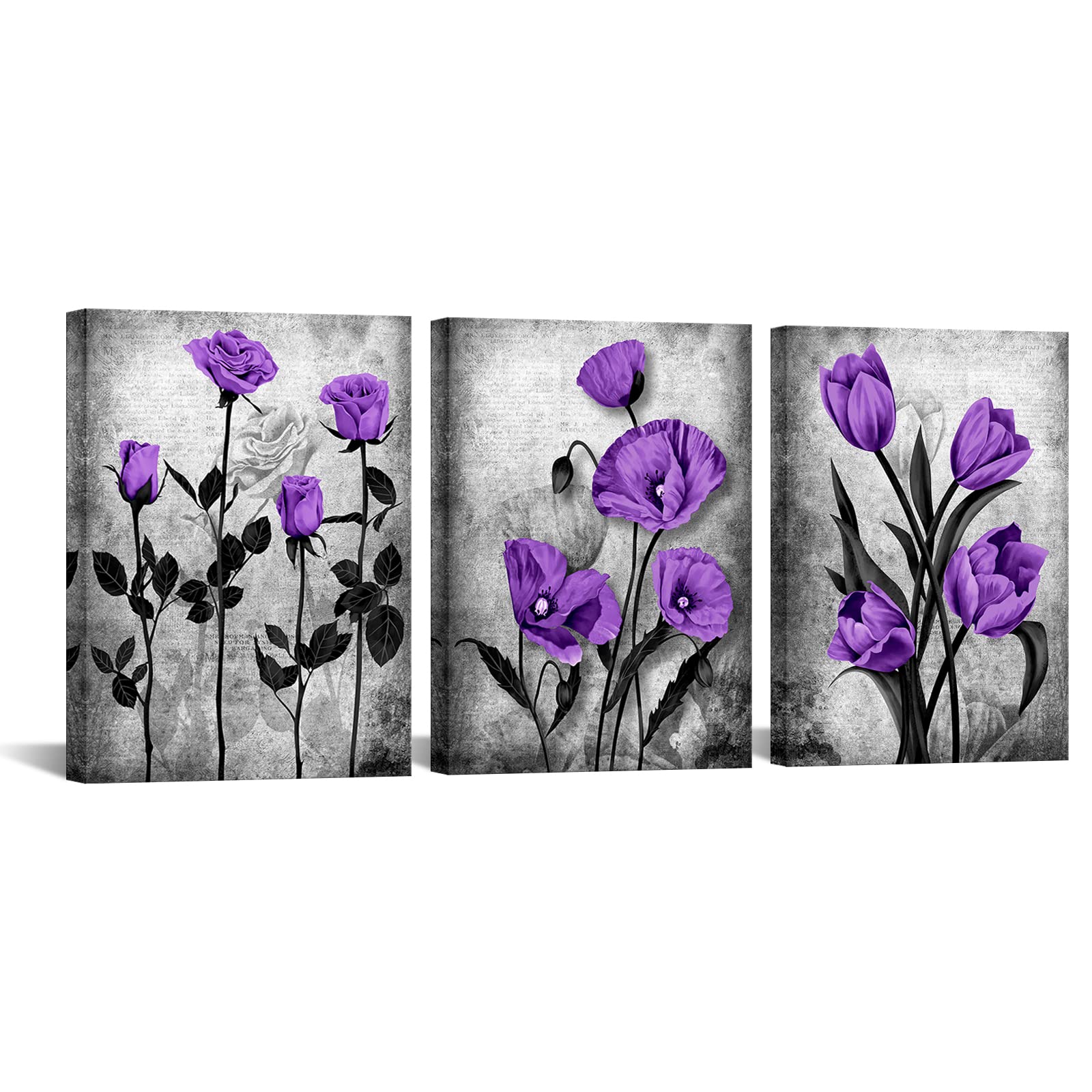 DuoBaorom Purple Grey Rose Botanical Painting Poppy Wall Art Tulip Floral Canvas Print Bedroom Decor Flower Set of 3 Panel