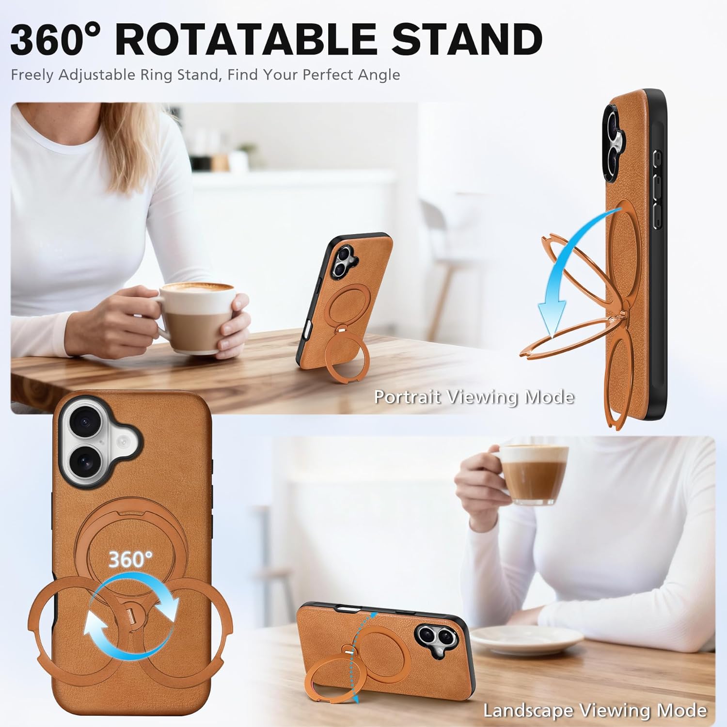 TUCCH Detachable Case Wallet for iPhone 17 6.3", Wireless Charging, Adjustable 360° Rotation Foldable Ring Stand, 3 Card Slots RFID Blocking, Slim Magnetic PU Leather Shockproof Cover, Light Brown
