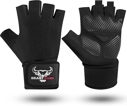 BEAST RAGE Padded Workout Gloves for Men, Long Wrist Straps Stabilize Adult Grip Weight Lifting Gloves with Powerlifting Support Gym, Exercise and Extra Pull ups Sturdy Palm