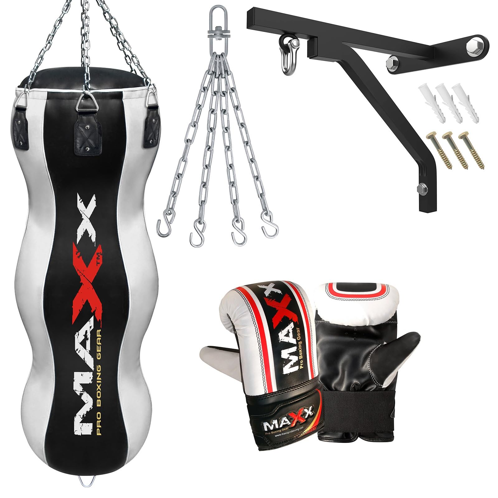 Maxx Black/White Heavy Duty Punch Bags - Uppercut, Triple, Angle, Wrecking & More (TRIPLE BAG, BAG WITH BRACKET+MITTS)