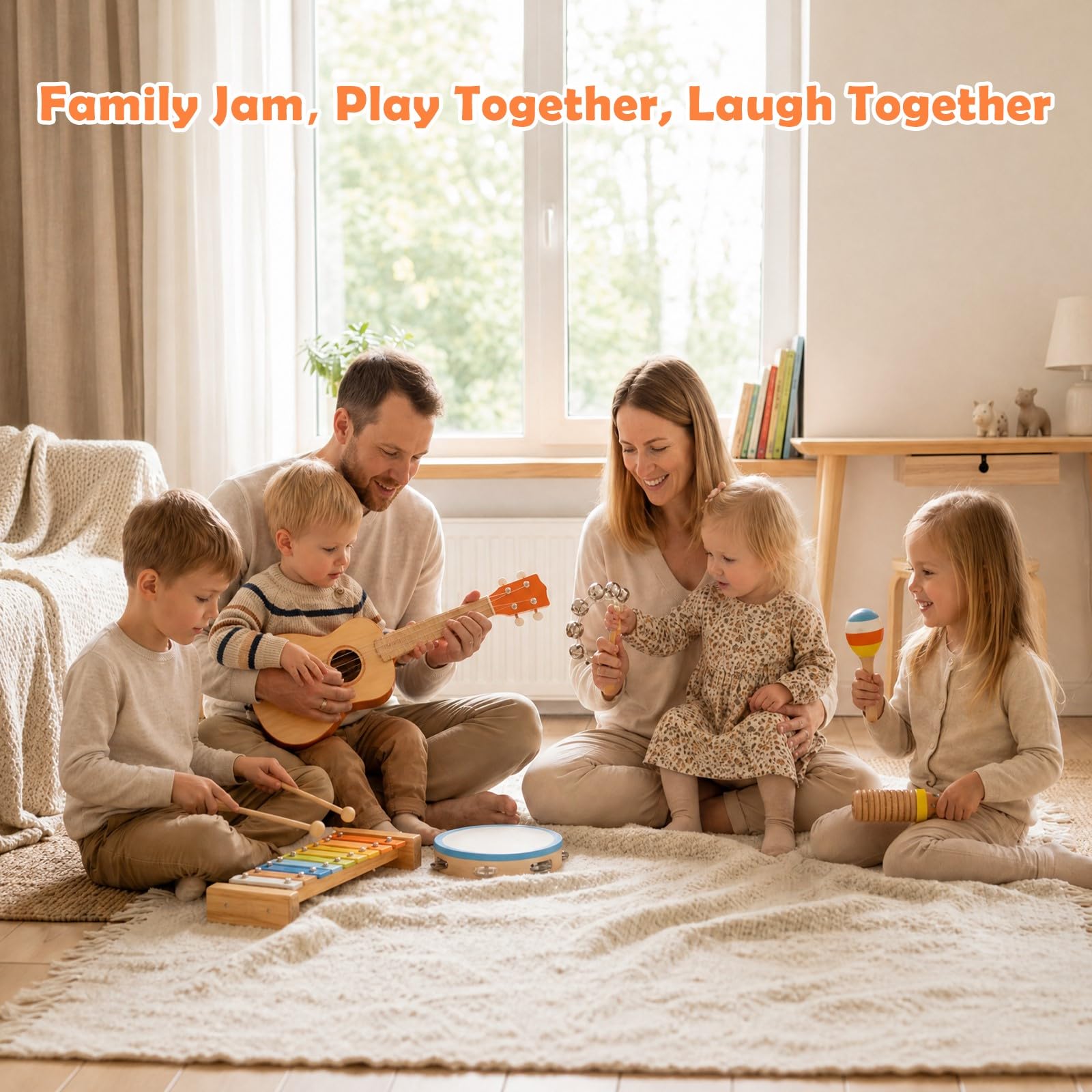 Montessori zestaw gitarowy dla dzieci, 6 w 1, drewniane instrumenty muzyczne dla małych dzieci w wieku od 2 do 3 lat, z ukulele, ksylofonem, tamburynem i marakasami, na urodziny dzieci od 2 lat