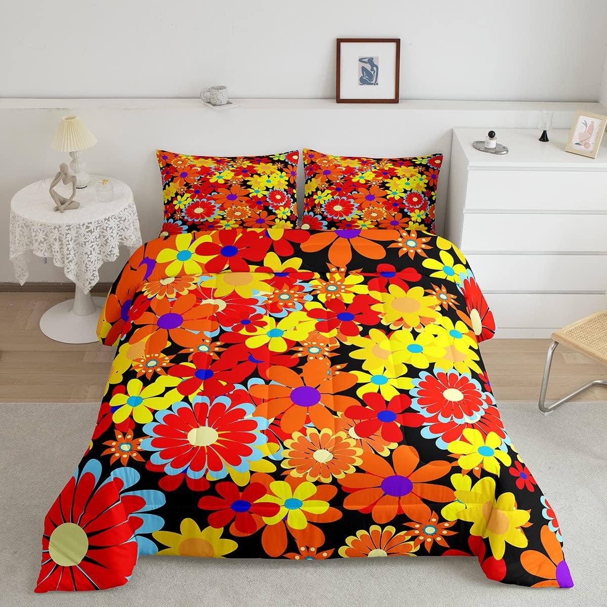 Retro Floral Boho Comforter Set Groovy Flower Bedding Set