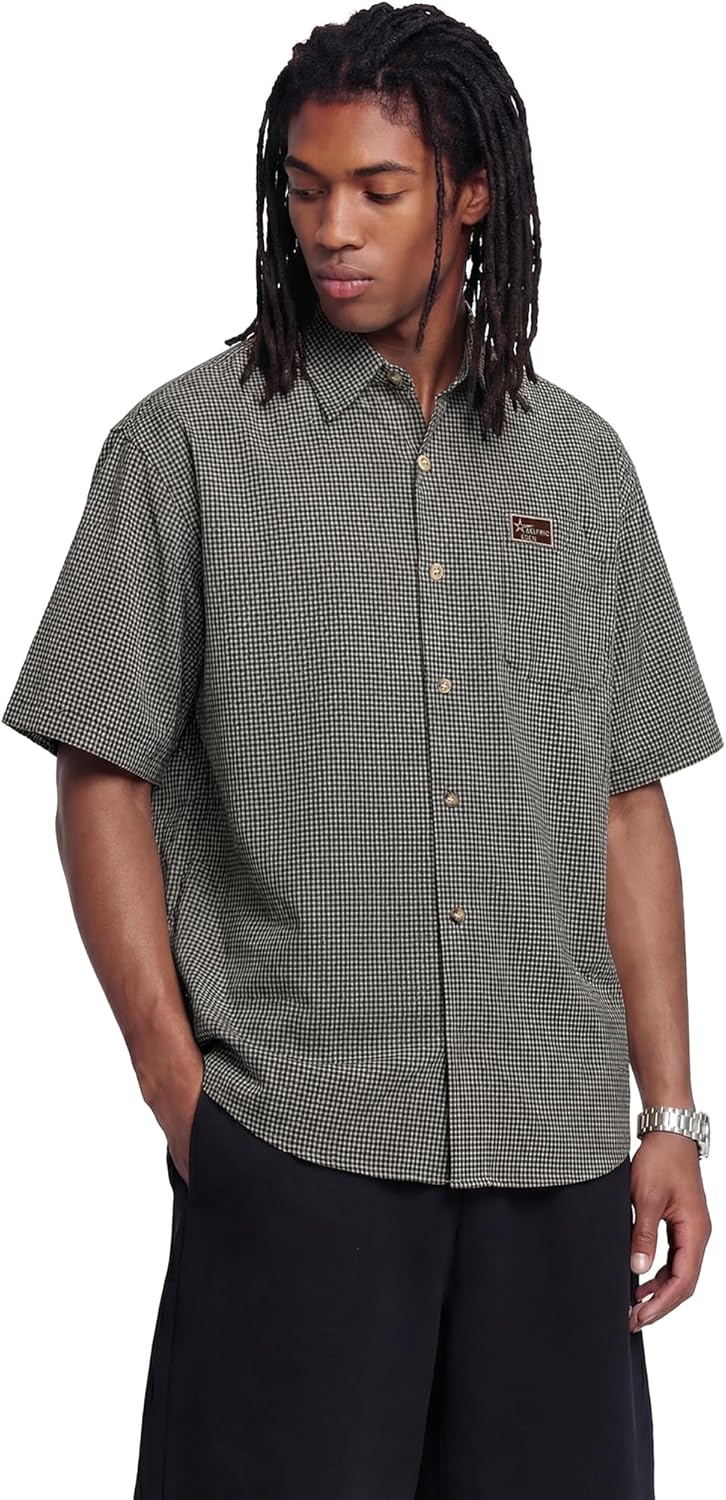 Aelfric Eden Mens Button Down Plaid Shirts Short Sleeve Oversized Polo Tee Lightweight Vintage T Shirts Unisex