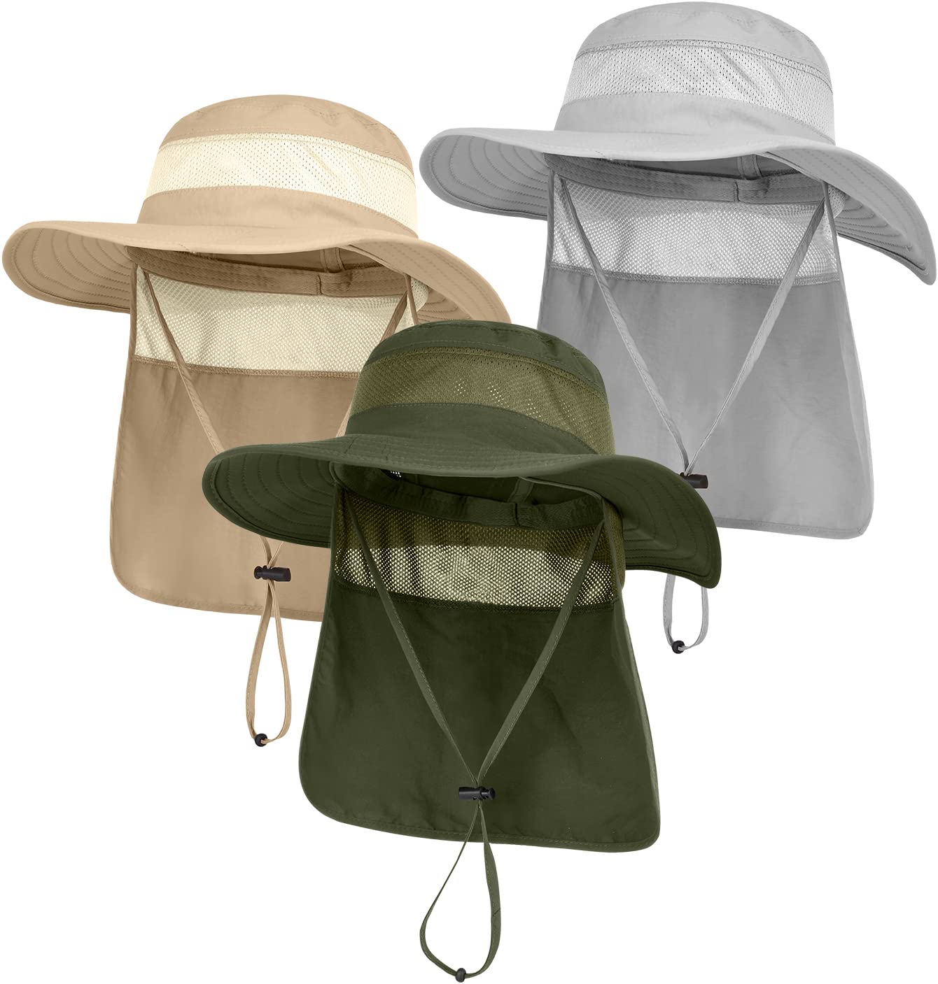 3 Pack Mens UPF 50+ Wide Brim Sun Hat with Neck Flap for Fishing Hiking Garden