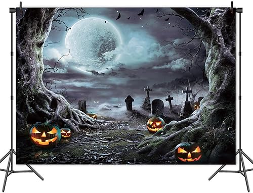 Miniatura 5 de Telón de fondo de fotografía de Halloween de 7 x 5 pies, horrible farol de calabaza y telón de fondo de noche de luna llena para decoración de