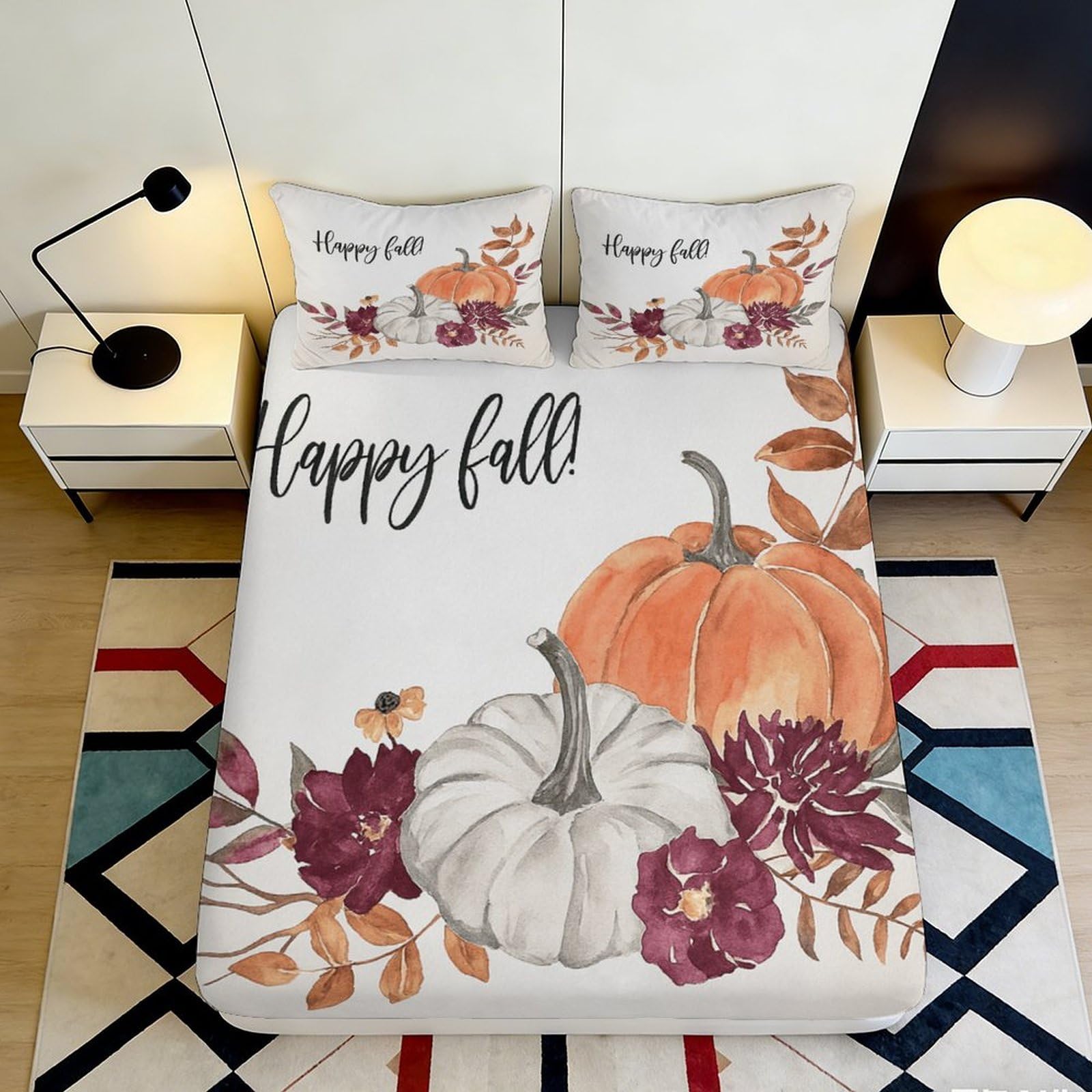 3D Printed Pumpkin Floral Fitted Sheet Microfiber Autumn Harvest Bed Cover for Bedroom Guest Room Decor 90x200x25cm