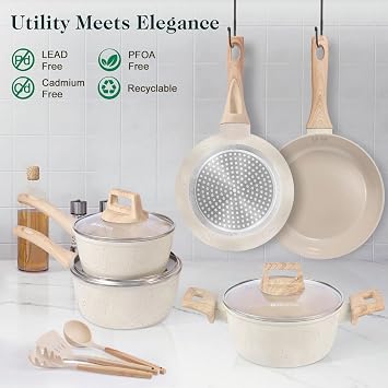 M MELENTA Pots and Pans Set Non Stick, Induction Hob Pan Set, Saucepan Set | 20 & 24cm Frying Pans, 16 & 18cm Saucepans, 20cm Casserole, 11-Piece Non-Toxic Ceramic Cookware Set, Cream Coloured