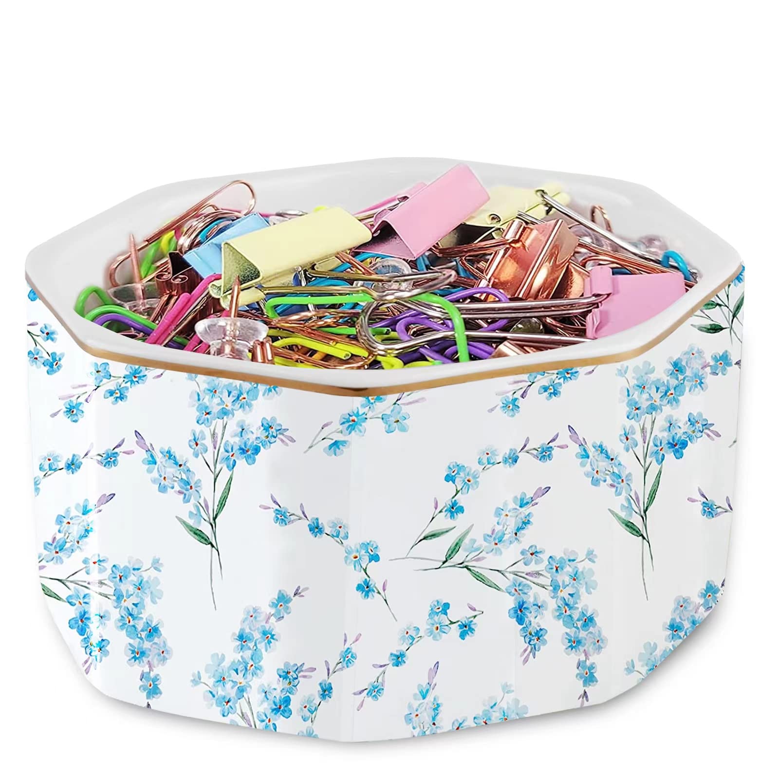 MIGZOE Paper Clip Holder Ceramic Binder Clips Organizer for Office Home Hair Ties Oragnizer Cup Small Stuff Storage Bobby Pin and Hair Clip Holder Gift(Small Blue Floral)