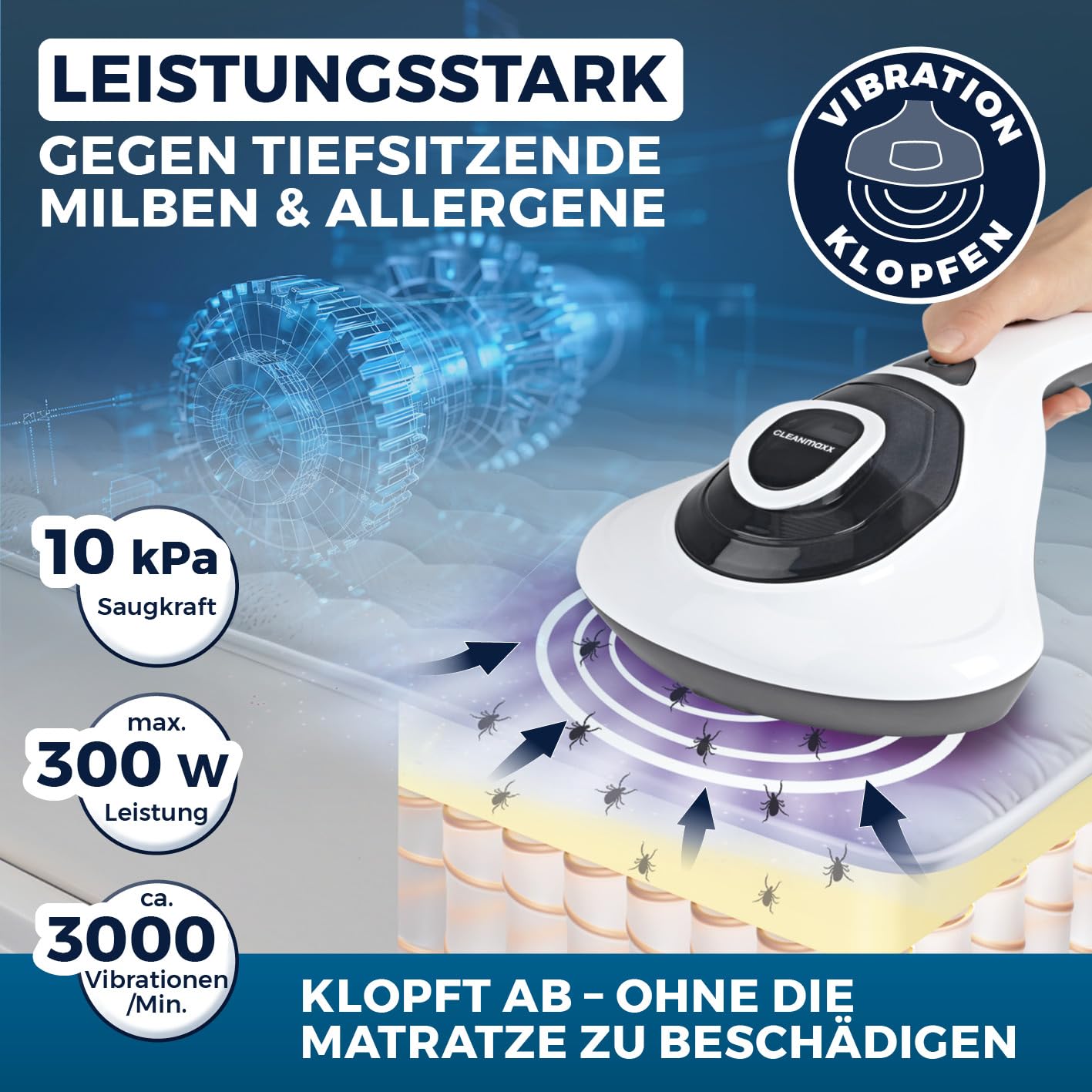 CLEANmaxx Milbensauger für Matratzen mit UV-C-Licht | Matratzenreiniger mit HEPA-Filter, entfernt 99,9% Aller Milben | Matratzensauger mit Ultraschall, Hitze & Vibration