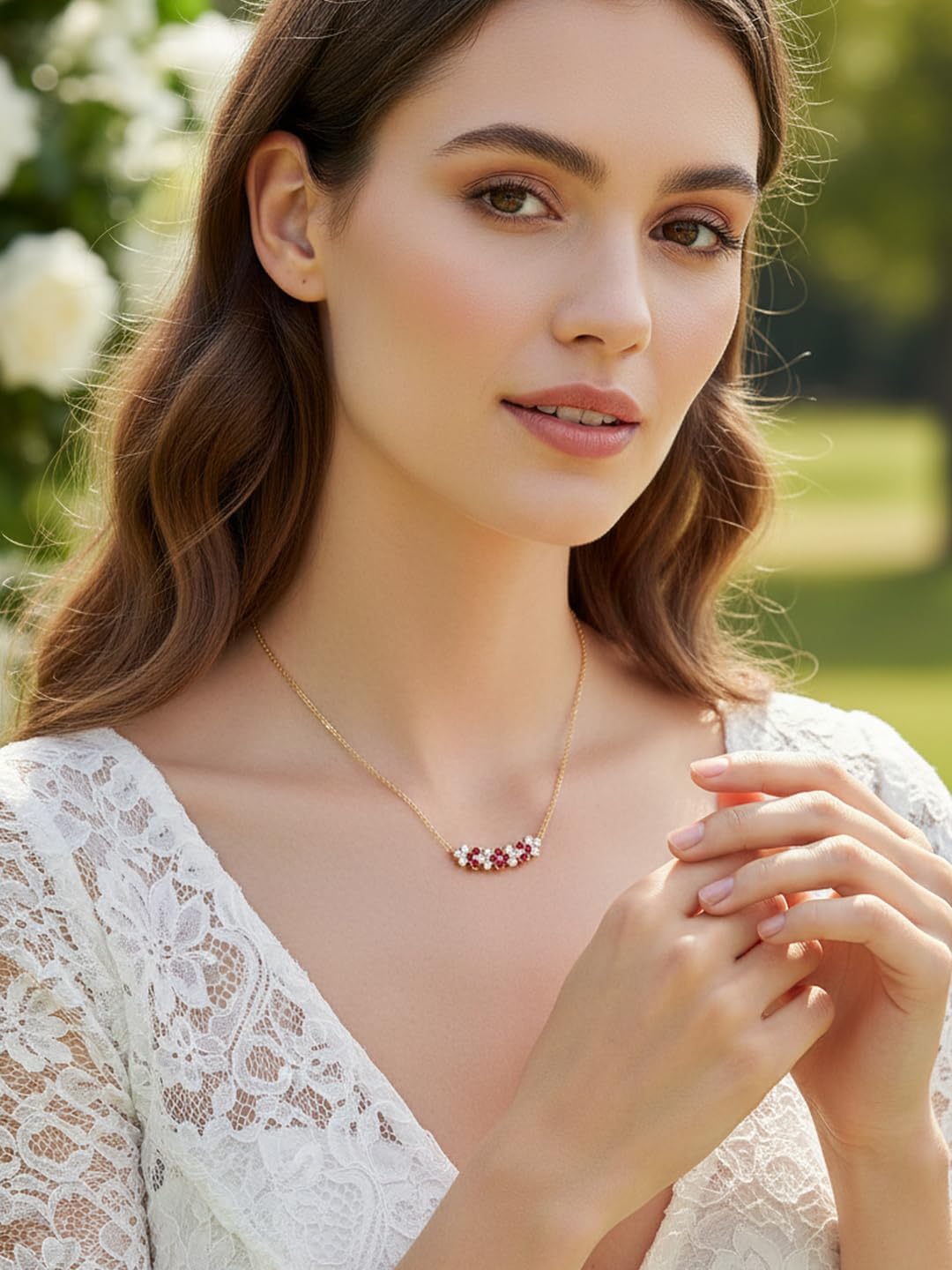 Moissanite and Sapphire/Ruby/Emerald Flower Bar Necklace for Women, Solid 925 Sterling Silver, 16"/18"/20" Adjustable, Anniversary Birthday Christmas Jewelry