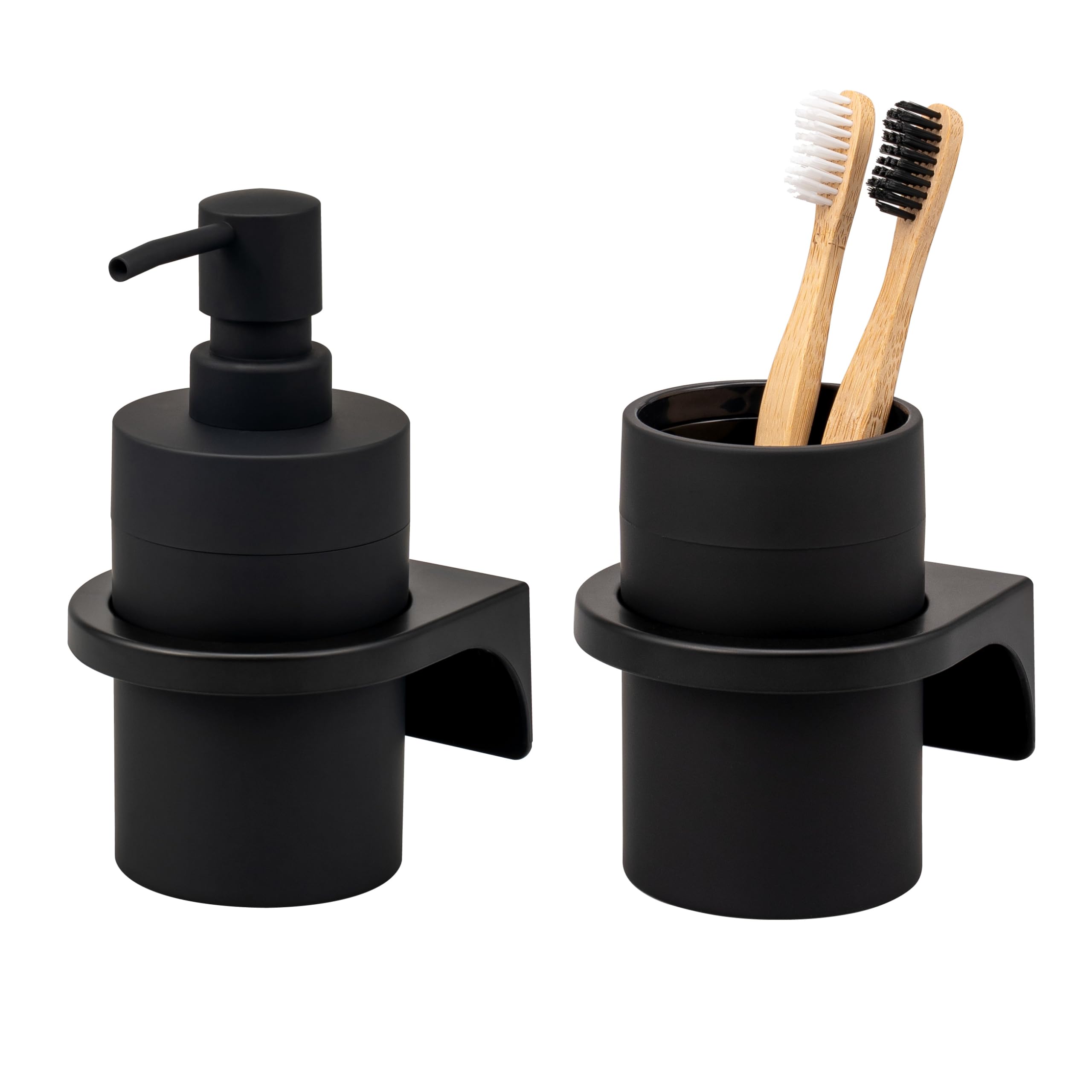 bremermann Badezimmer-Set Savona mit Soft-Touch Oberfläche inkl. Wandhalterung zum Kleben oder Bohren, rundes Bad-Accessoires Set 2tlg. aus 1x Seifenspender und 1x Becher aus Kunststoff (Schwarz)