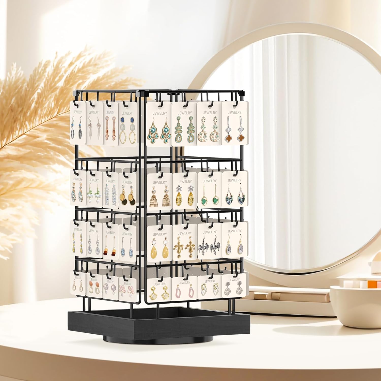 MODOWEY 360 Rotating Earring Cards Organizer Holder Stands for Selling Vendors, 64 Hooks Jewelry Display Tree, Large Capacity Storage Wood Rack Tower Women Dresser Stud Pierced, Black