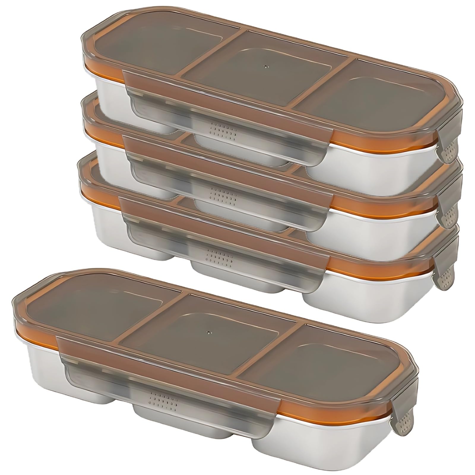 4 pcs Stainless Steel Lunch Boxes, Bento Box with 3 Compartments, Meal Prep Containers Reusable for Portion Control, Salad, Fitness, 10.6" x 4.3" x 2"