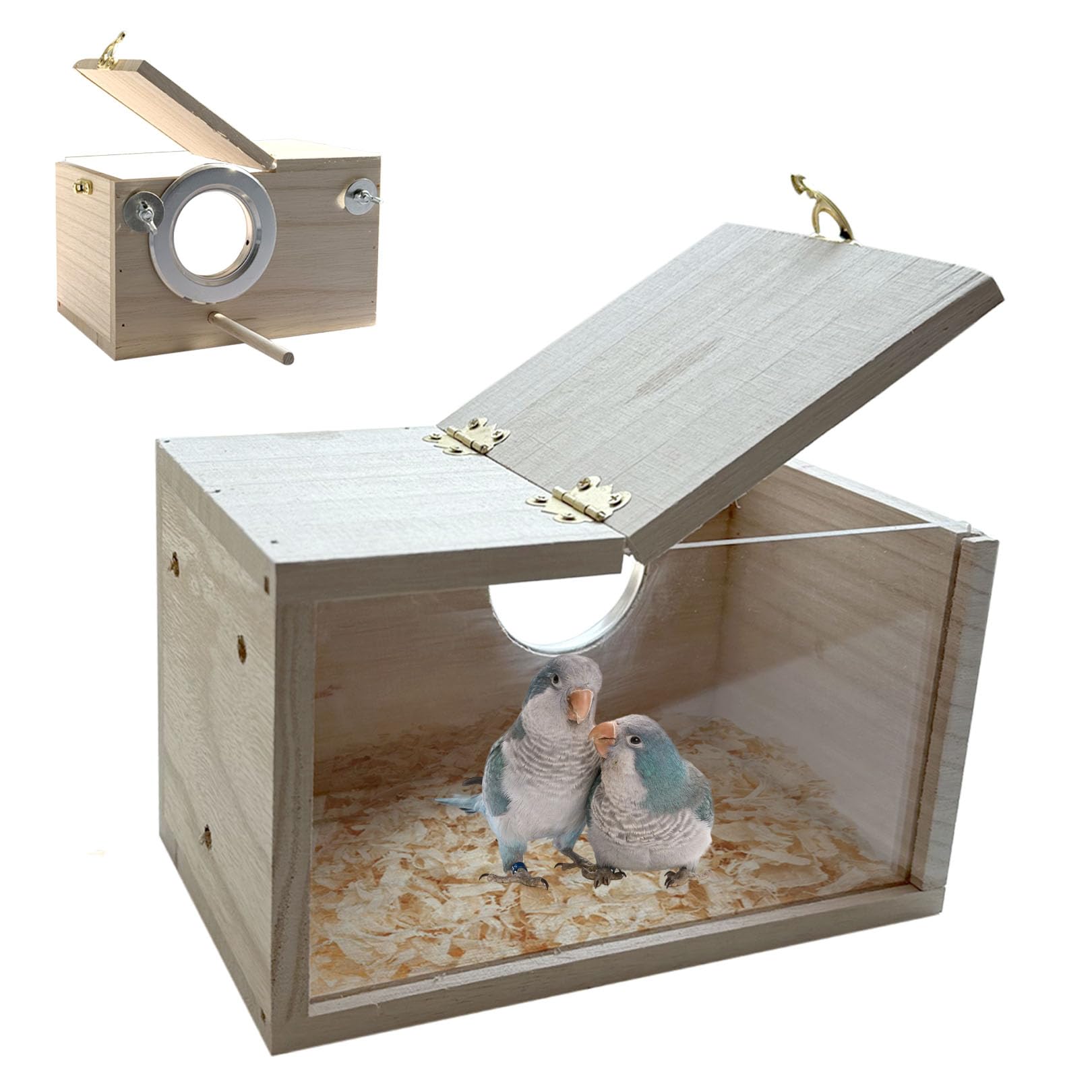 Caja nido para periquitos, caja de cría transparente de 7.87 x 4.72 x 4.72 pulgadas, caja de cría de nido de pájaros con perca, caja de apareamiento para loros, pajarera de madera para jaula