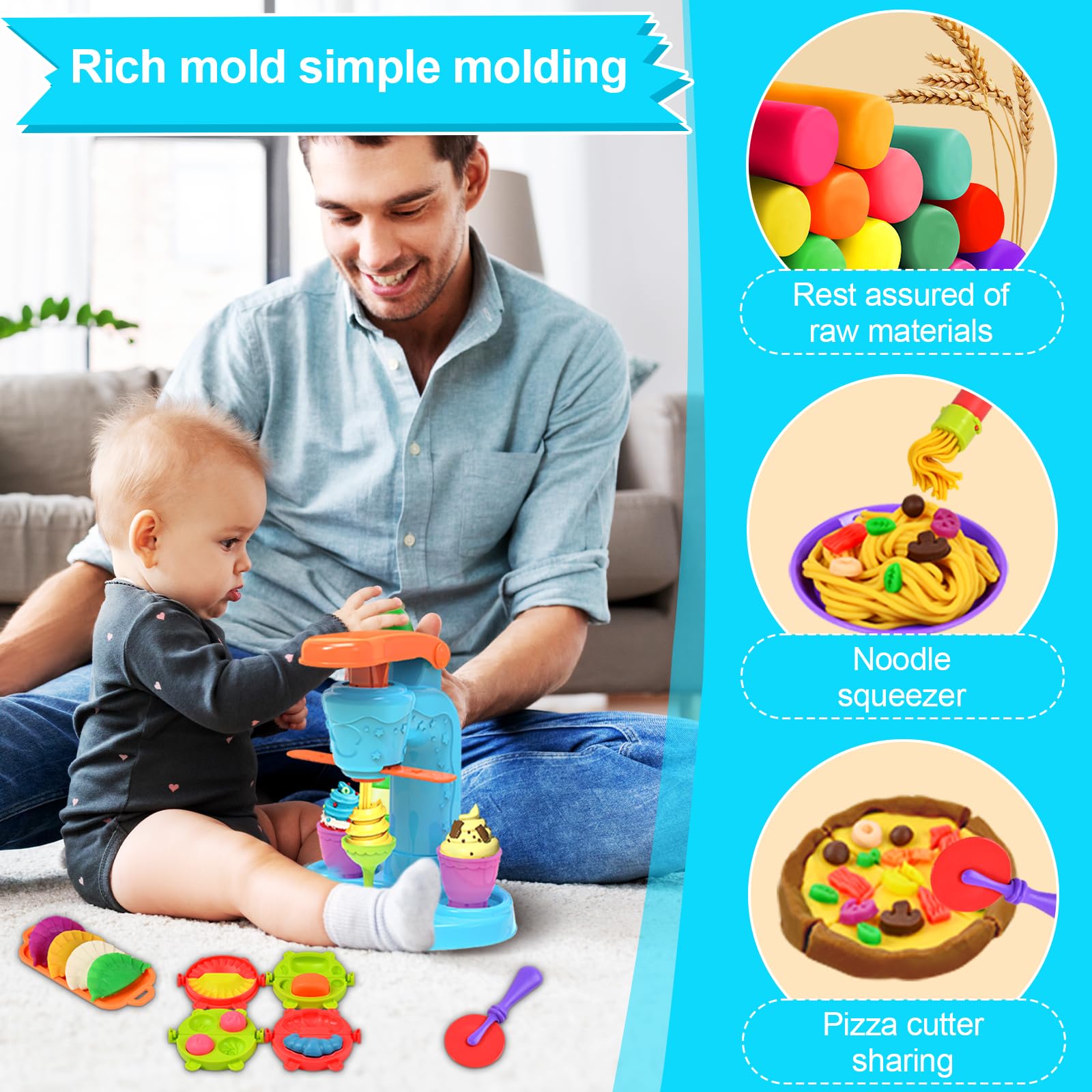 UCAMP 65 pièces Pâte À Modeler pour Enfants,Accessoires pour Créer des Hamburgers et des Pizza,Outils de Pâte À Modeler Créatif Accessoire avec 12 Pots de Pate a Modeler Cadeau de Jouet Enfan 2+ Ans