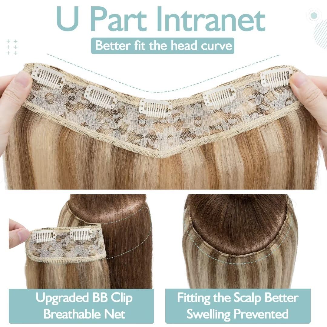 TESS Clip In Hair Extension Remy,Hair Extensions Real Human Hair One Peice U-Shaped Balayage Straight Hairpieces for Women/Ladies/Girls(#12/613 Golden Brown & Bleach Blonde,20Inch) - Image 2