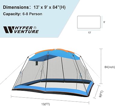 Hyper Venture Screen House 13x9 FT 4 Mesh Walls Canopy Tent Camping Gazebo Shelter for 6-8 People Outdoor Party Activities, Blue