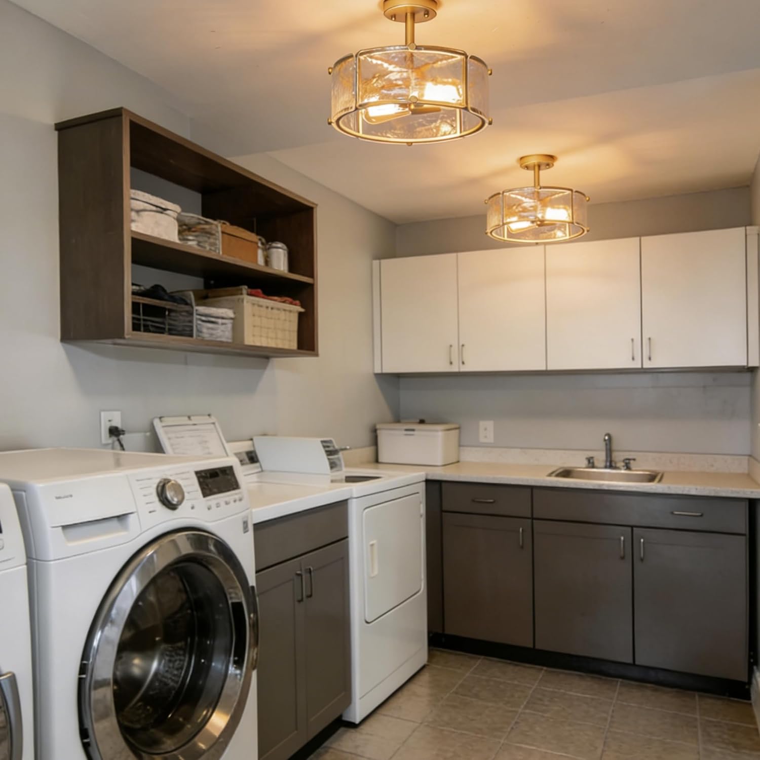 12.8" Modern Gold Semi Flush Mount Ceiling Light Fixture, 2-Light Glass Drum Ceiling Light, Small Hammered Glass Ceiling Lights for Dining Room Foyer Kitchen Hallway Entryway