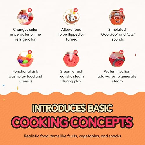 Miniatura 7 de Juego de cocina para niños, juego de cocina para niños pequeños con luces realistas, sonidos y vapor, juego de cocina de juguete de 42 piezas con