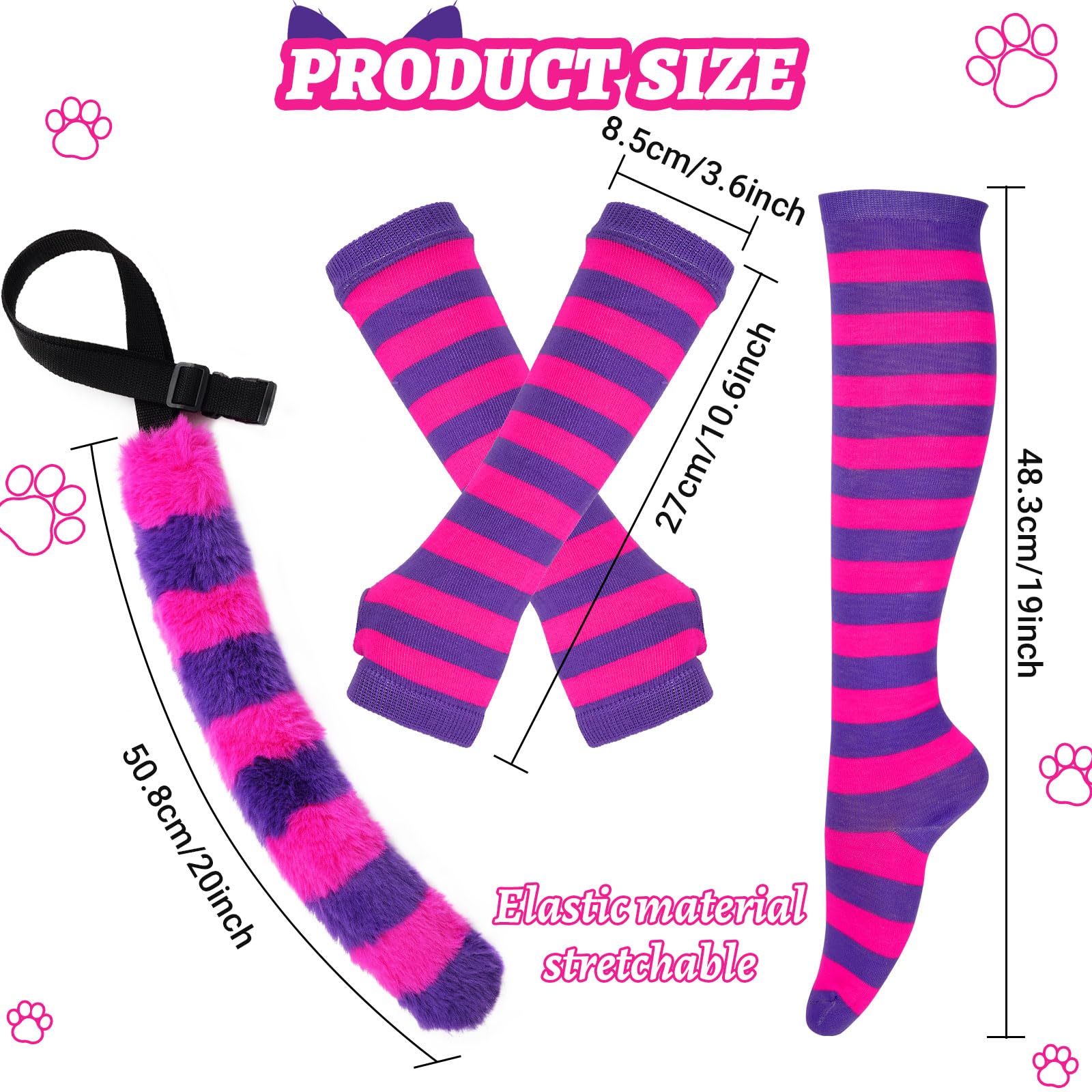 Kavoc 5 Pcs Pink Purple Striped Cat Costume Include Cat Ears Headband,Furry Tail,Choker,Striped Socks and Gloves for World Book Day Dress up - Image 2