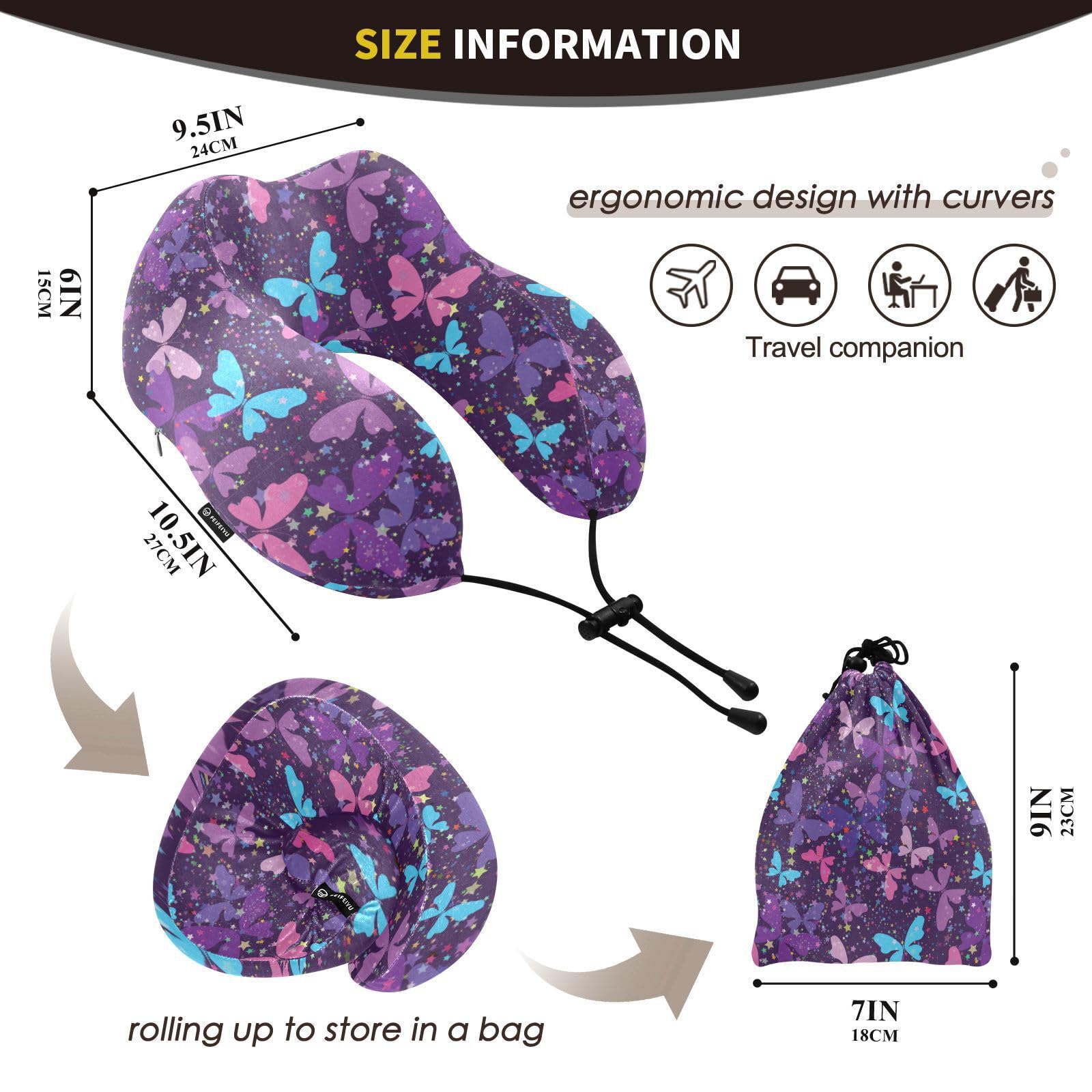 Wusikd Travel Pillow Colored Butterflies Memory Foam Purple Neck Pillow for Traveling Sleep, Long Flight Rest, Office Break, Airplane Car Head Shoulder Back Support