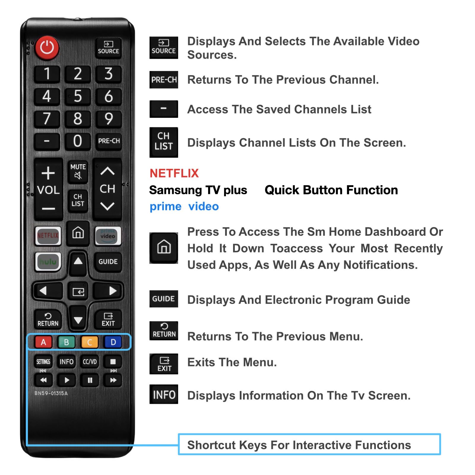 Paquete de 2 controles remotos universales para todos los televisores Samsung BN59-01315A de repuesto para todos los televisores inteligentes Samsung LCD LED, HDTV 3D con botones Hulu Netflix