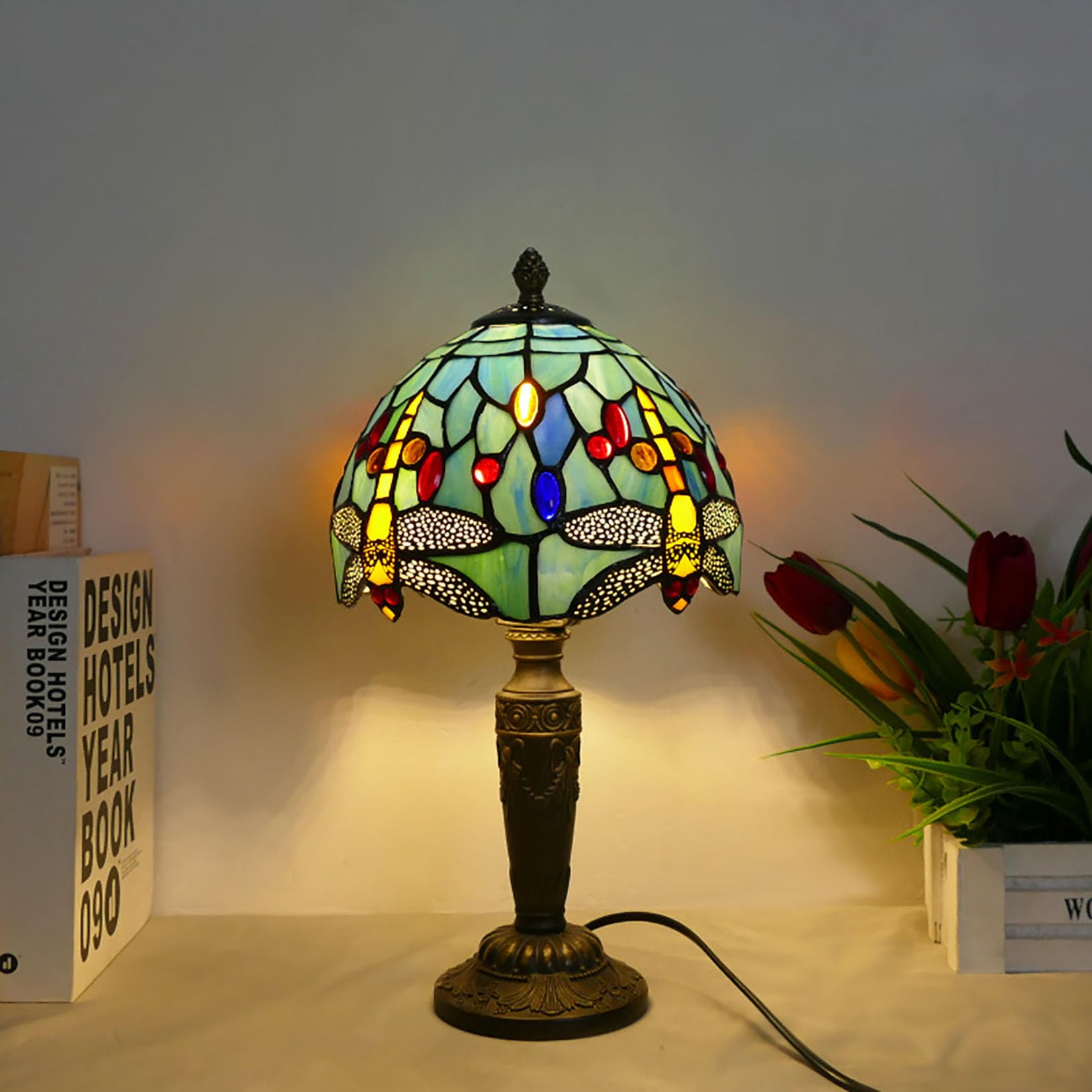 Dualbao Blue Glass Tiffany Style Dragonfly Small Table Lamp, Vintage Simple Yellow Stained Glass Red Beads Table Lamp for Reading Bedside Lighting Decoration
