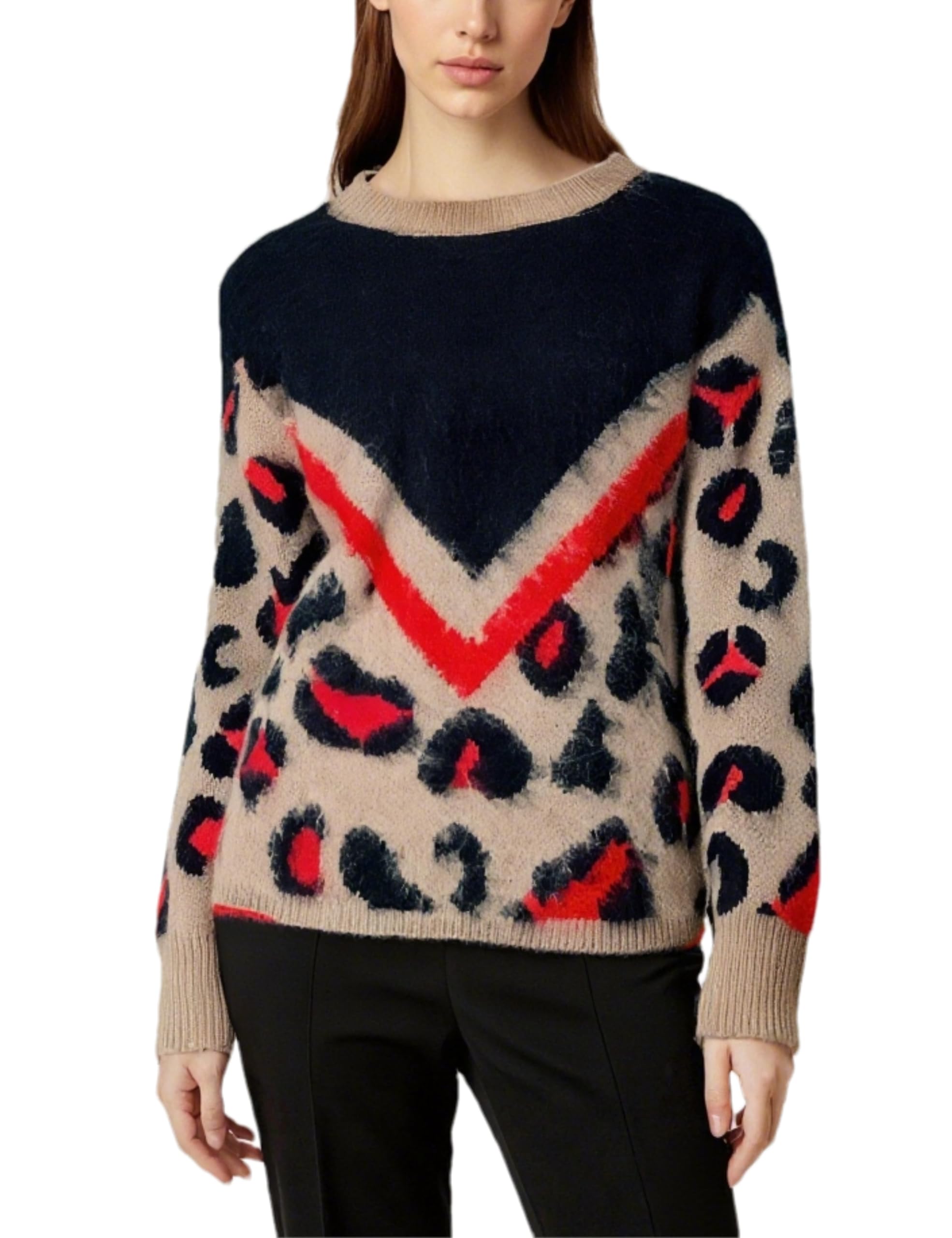 Mingzhu Womens Crew Neck Patchwork Leopard Chevron Print Loose Pullover Long Sleeve Knitted Cheetah Sweater Tops