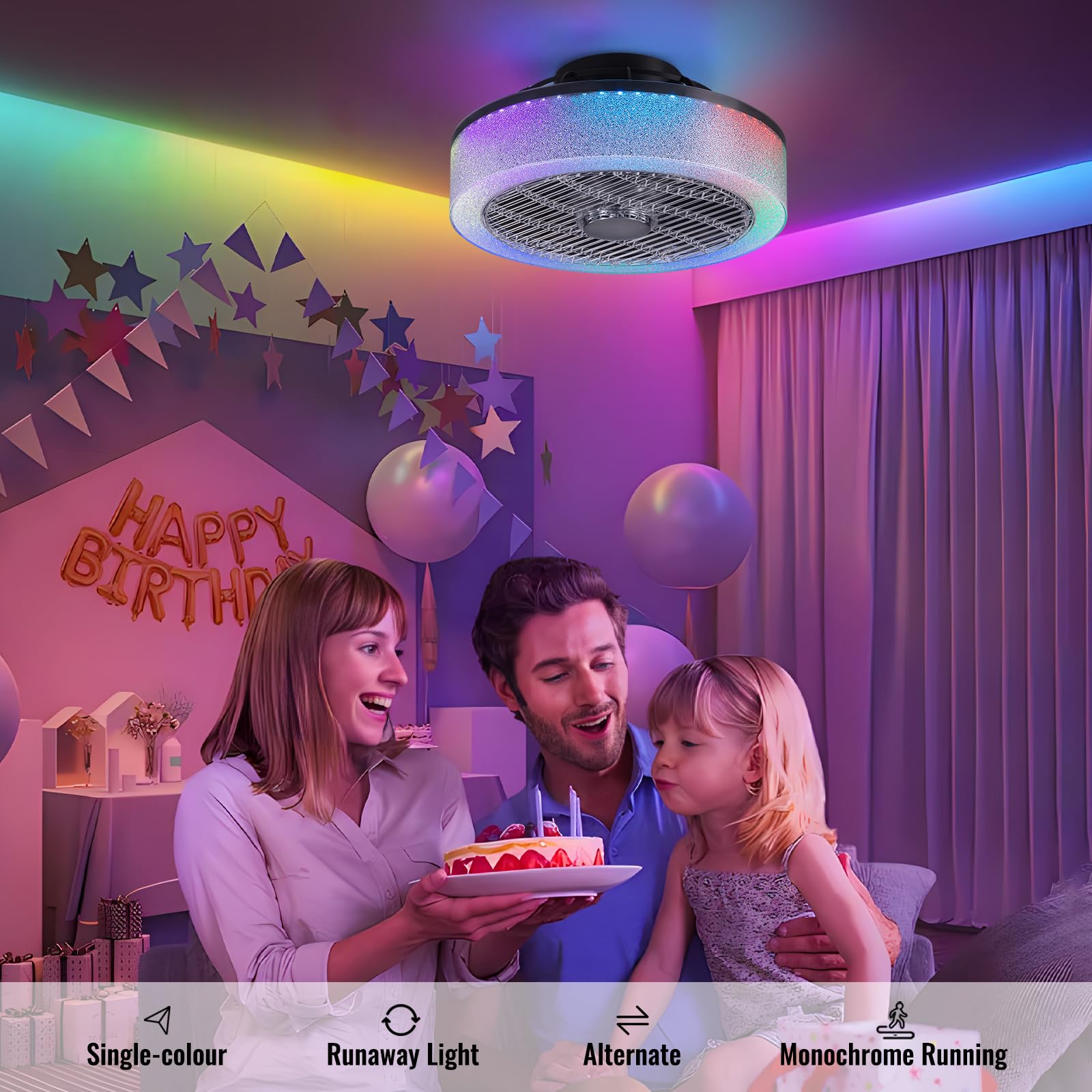 Siljoy RGB Low Profile Ceiling Fans, 15.7" Modern Bladeless Ceiling Fans with Stunning Crystal Sand Filling, Flush Mount Ceiling Fans RGB Ambient Light for Bedroom Kids Room Party