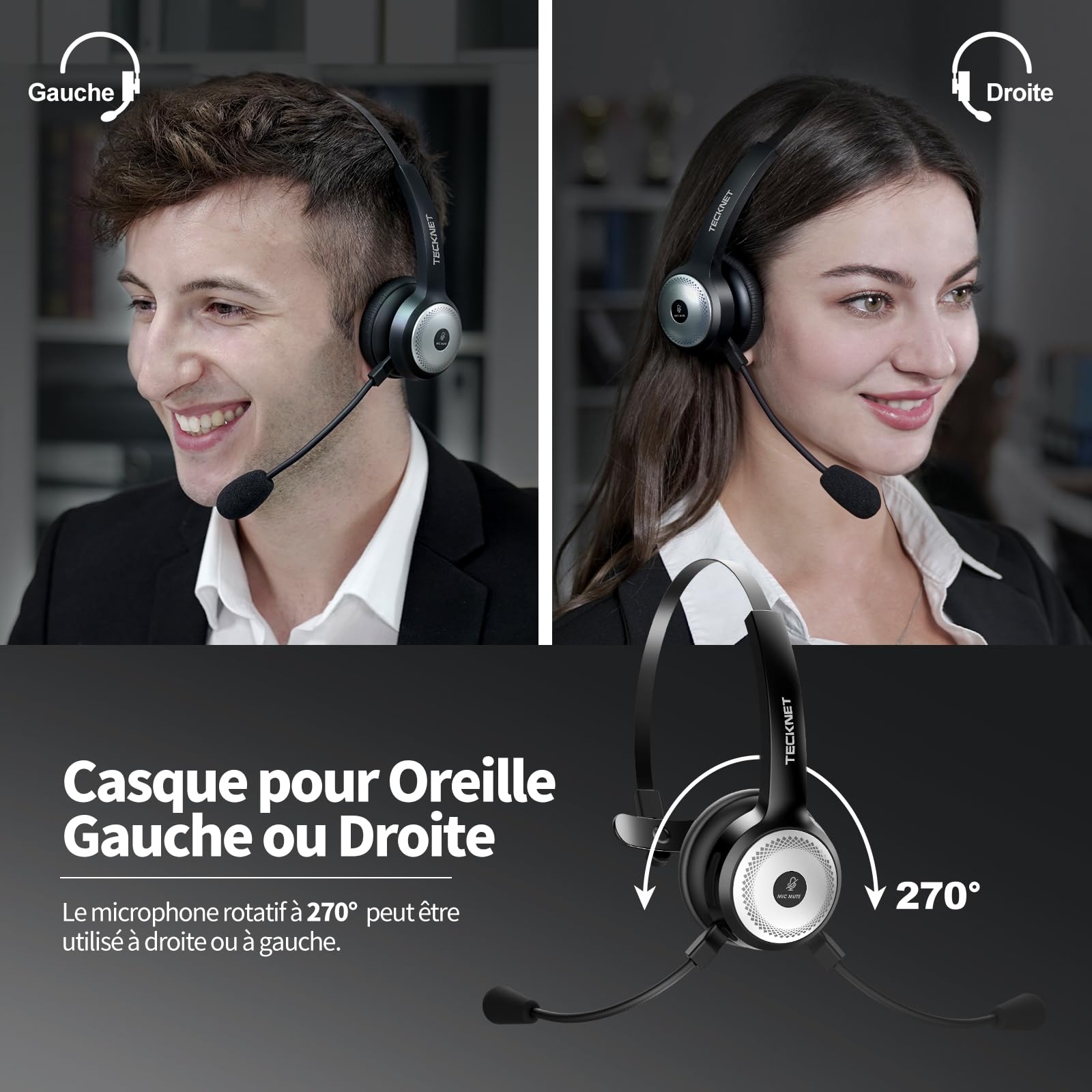 TECKNET Casque Bluetooth avec Microphone, Casque sans Fil Suppression du Bruit AI avec Station de Charge, 40 heures d'autonomie,pour PC Portable Ordinateur/Centre d'appels/Téléphones/Skype/Bureau/Zoom