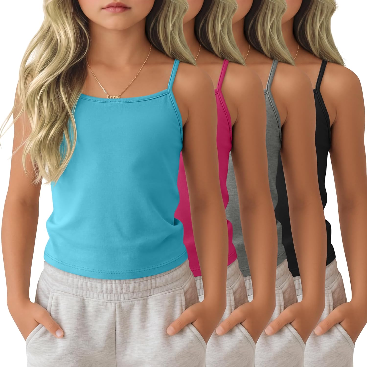 4 Pack Girls Camisole Tank Tops Kids Soft Breathable Cami Basic Undershirt Sleeveless Summer Shirts 5-14 Years