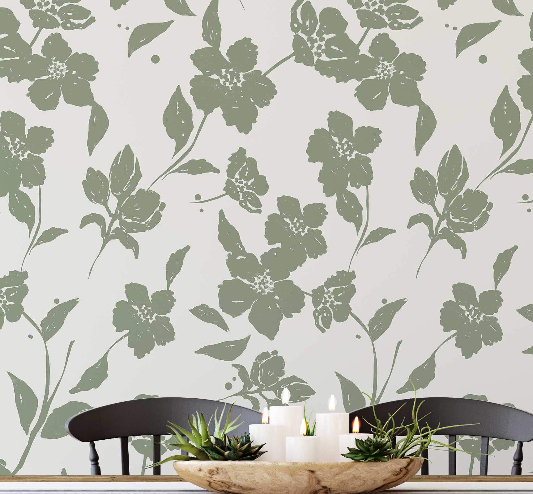 Papier peint amovible fleuri beige revêtement mural autocollant texturé vert placard