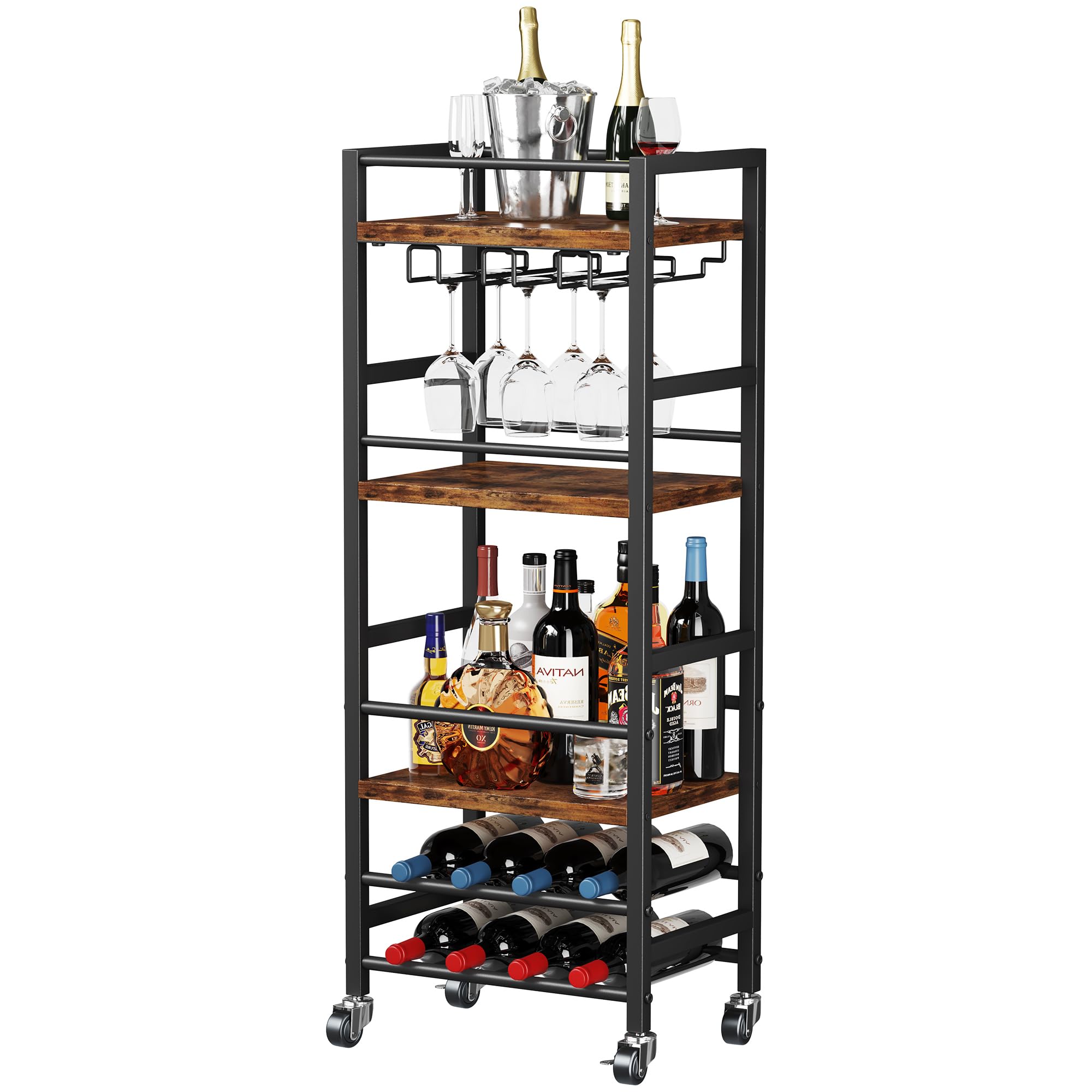 Homeiju Bar Cart With 5-Tier Shelf, Home Serving Cart, Mobile Kitchen Shelf With Wine Rack and Glass Holder for Small Spaces, Kitchen and Dining Room, Rustic Brown