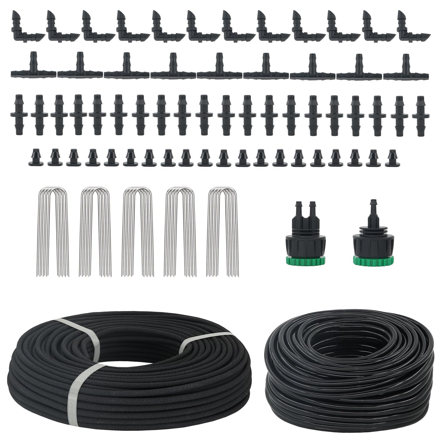 Kit di tubi per irrigazione a goccia da 61 m 1/4 '' con tubo di irrigazione a goccia da 30,5 m, 92 raccordi per irrigazione a goccia per sistema di acqua a goccia, letto da giardino, serra, patio