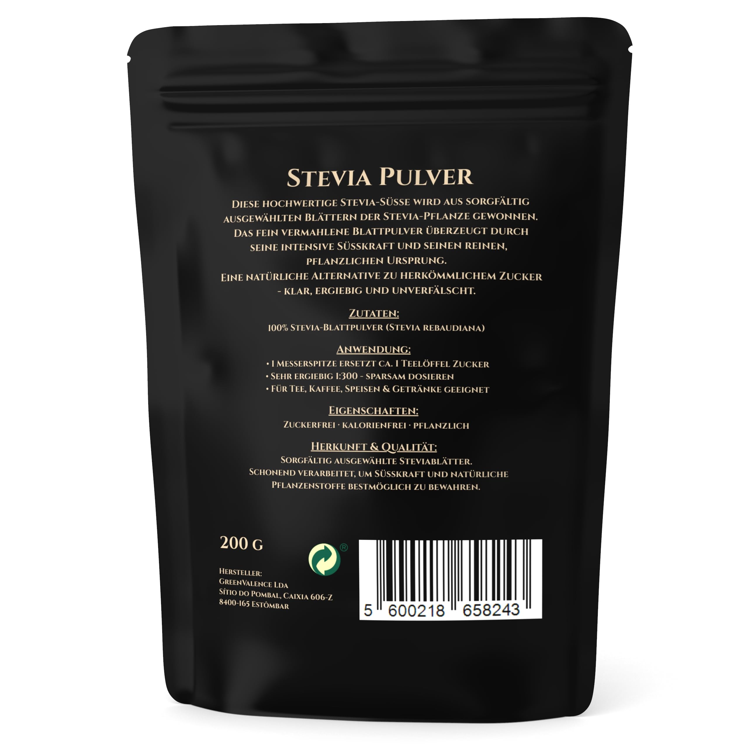 Polvere di Stevia - Dolcificante Naturale 100% da Foglie di Stevia | Alta Resa 1:300 | Alternativa Vegetale Senza Zucchero | Ideale per Tè, Caffè, Dolci, Bevande e Dessert (200 g)