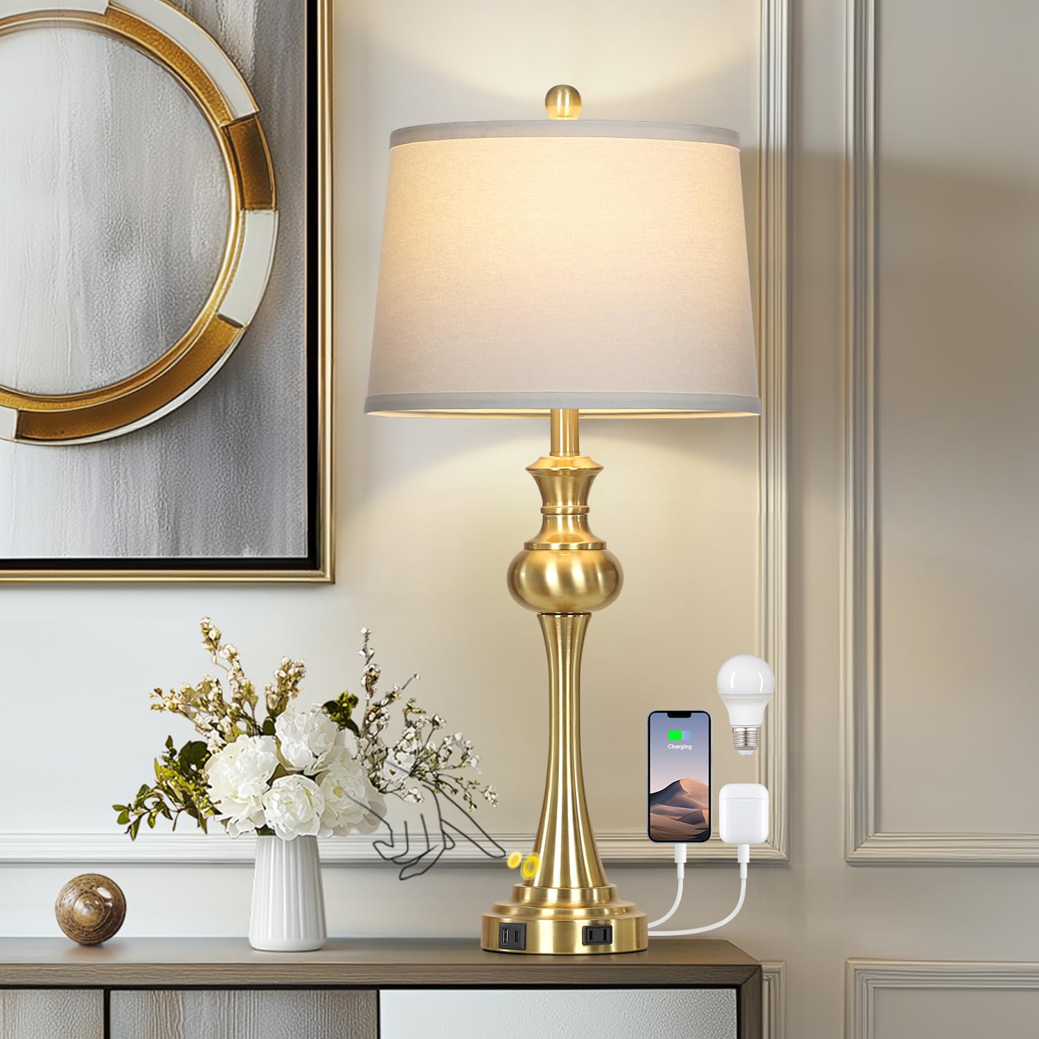 28.75'' gold table lamps for living room, 3 way touch control bedside lamps with usb a+c ports & ac outlets, modern metal nightstand lamps for bedroom living room office end table?bulb included?