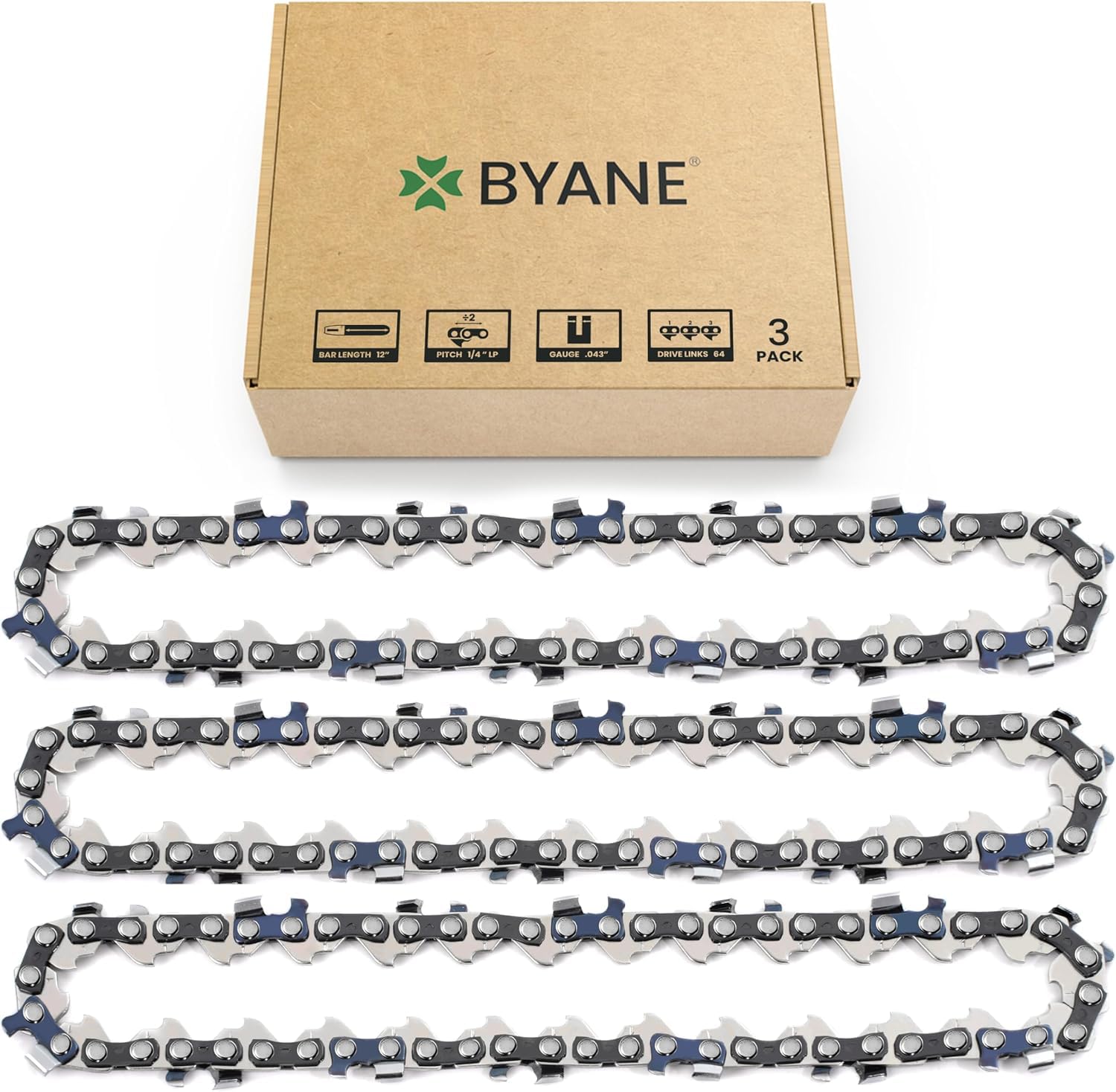 BYANE 3er-Pack Sägekette 30 cm (12 Zoll) 1/4"LP 1,1 mm (.043") 64TG | Mit Stihl 3670 000 0064, MSA 120 C-B, MSA 140 C-B, MSA 160 C-B, MSA 200 C-B, MS 150 T C, MS 150 T C-E, MS 151 T C-E