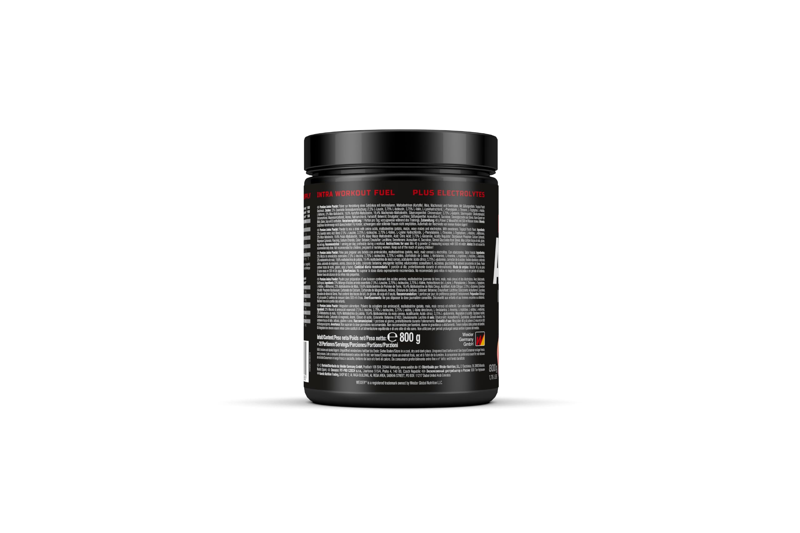 Weider - Premium Amino - Intra-Workout Drink mit EAAs, Kohlenhydraten und Elektrolyten - Aminosäuren Komplex mit L-Glutamin - Für mehr Energie beim Training - 800g - Tropical