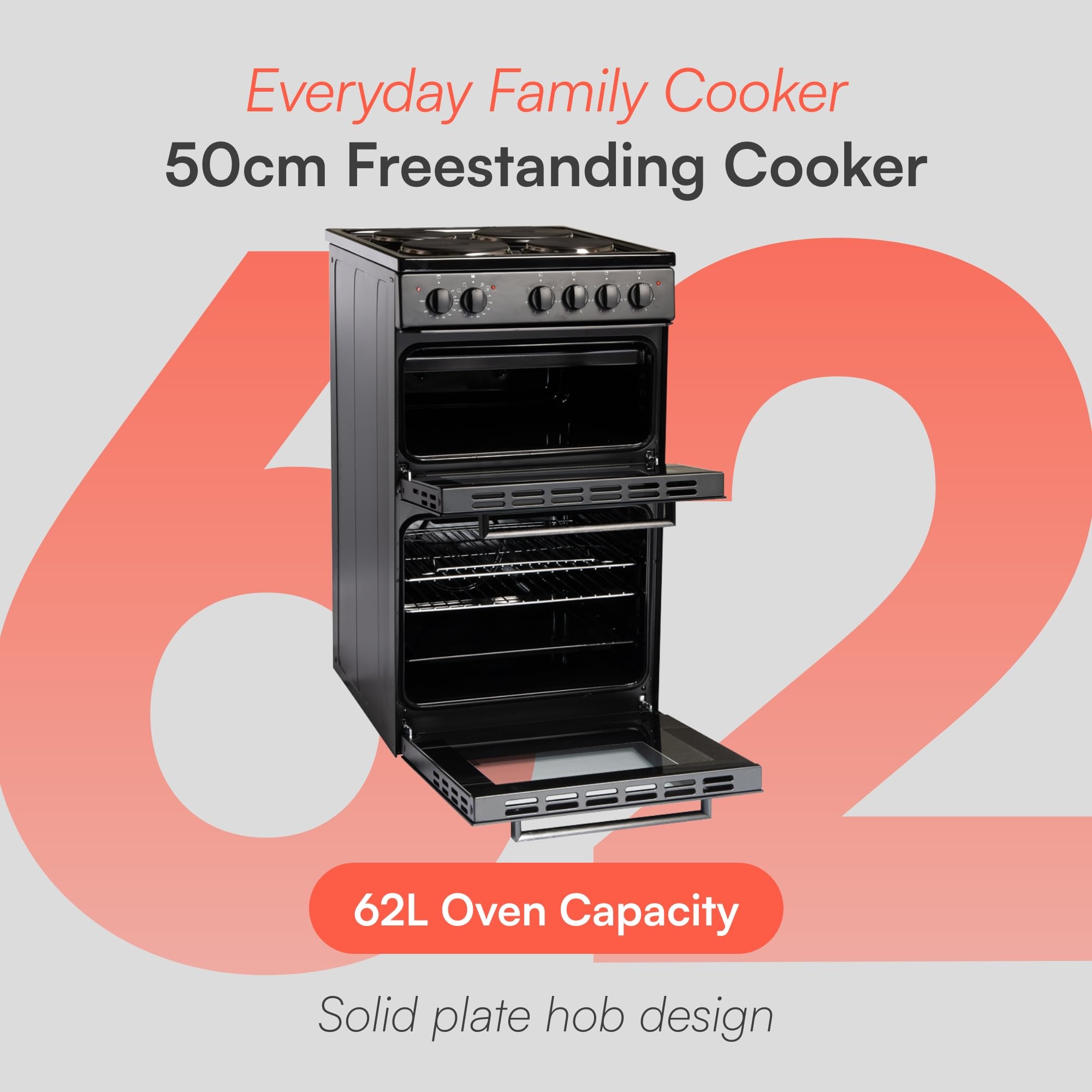 Cookology CFSPTC502BK 50cm Wide Freestanding Electric Twin Cavity Cooker, Combined 93 Litre Capacity with 4 Zone Solid Plate Top Hob Cooktop - in Black — view 2